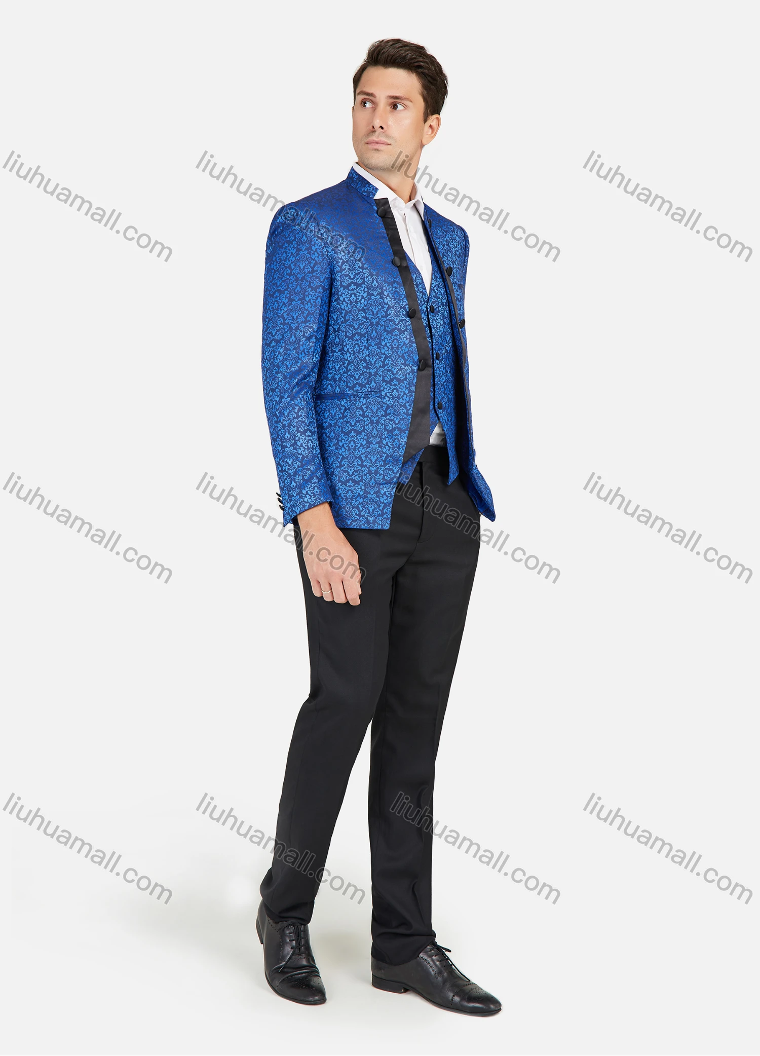 Wholesale Men's Stand Collar Floral Jacquard One Button Stylish Blazer Jacket With Waistcoat 3-Pieces Set - Liuhuamall