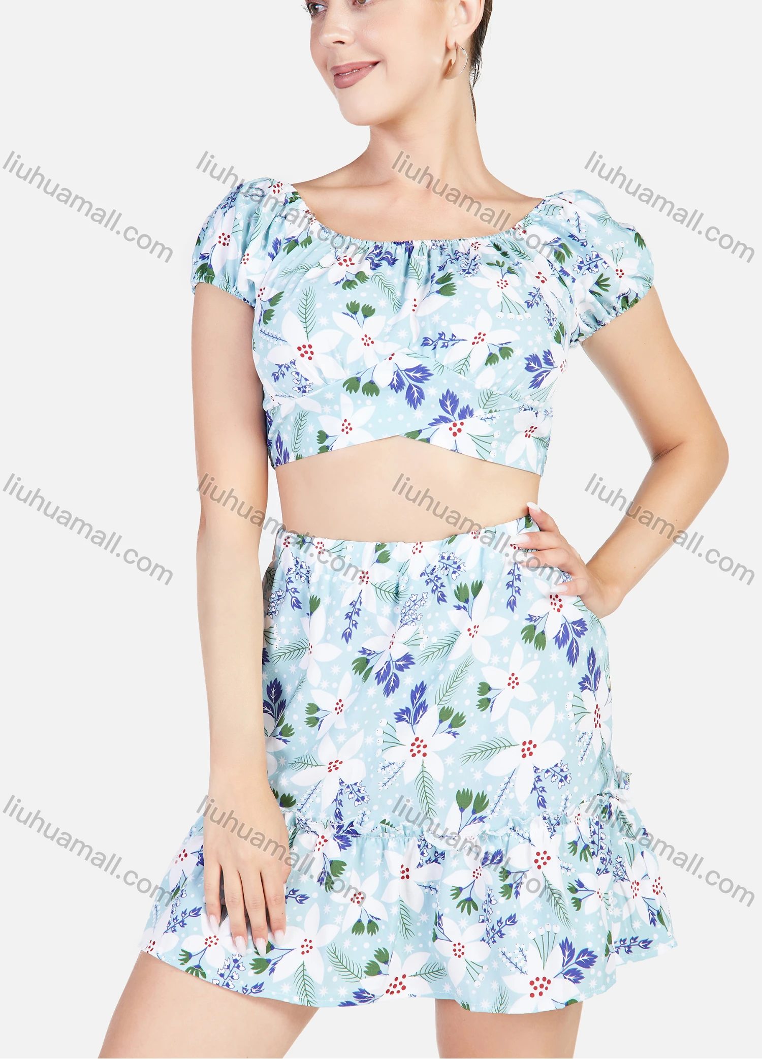 Wholesale Women's Floral Print Boat Neck Puff Sleeve Crop Top & Ruffled Mini Skirt 2 Piece Set - Liuhuamall