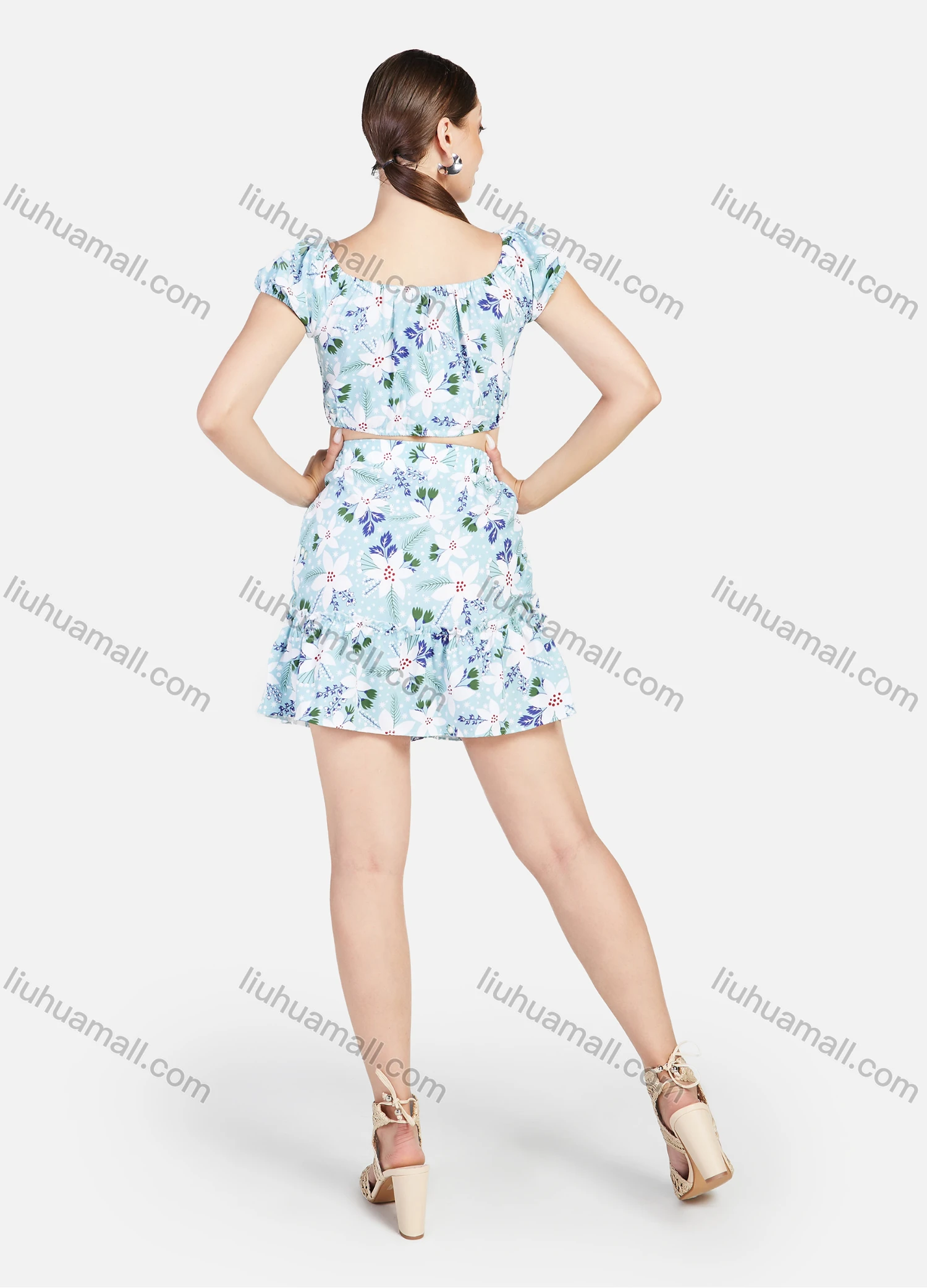 Wholesale Women's Floral Print Boat Neck Puff Sleeve Crop Top & Ruffled Mini Skirt 2 Piece Set - Liuhuamall