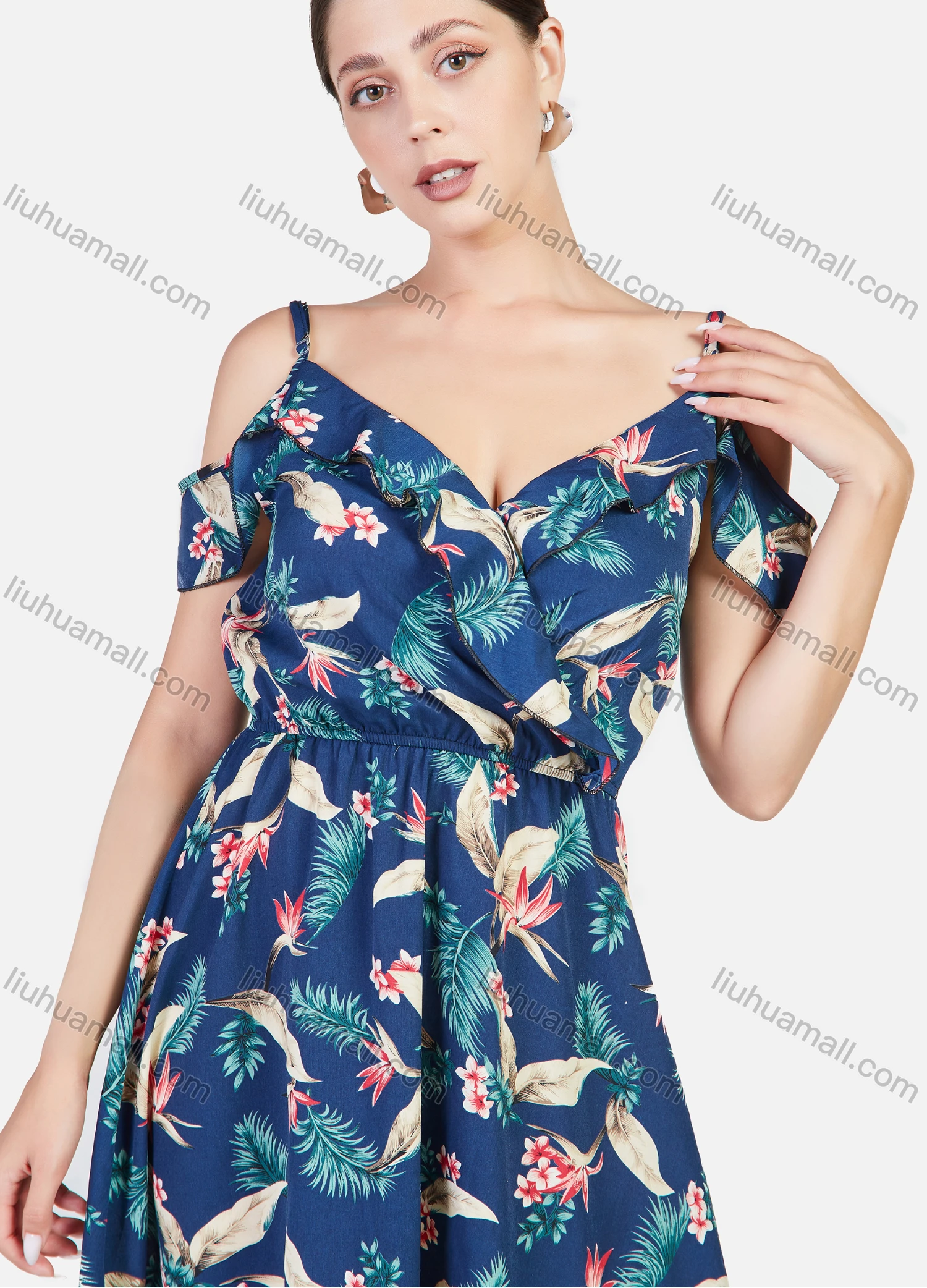 Wholesale Women's Floral Print V Neck Cold Shoulder Backless Ruffle Trim Short Dress - Liuhuamall