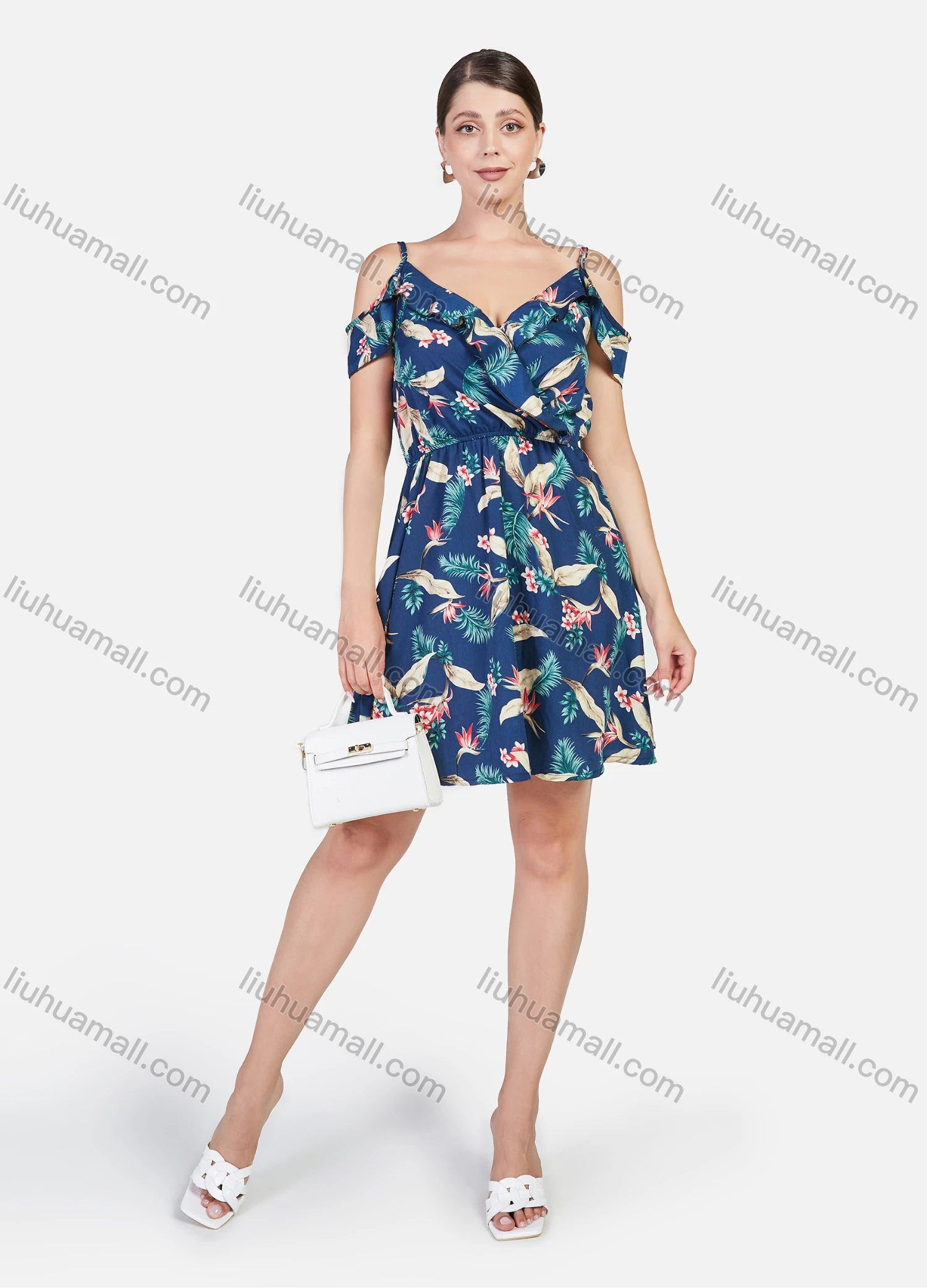 Wholesale Women's Floral Print V Neck Cold Shoulder Backless Ruffle Trim Short Dress - Liuhuamall