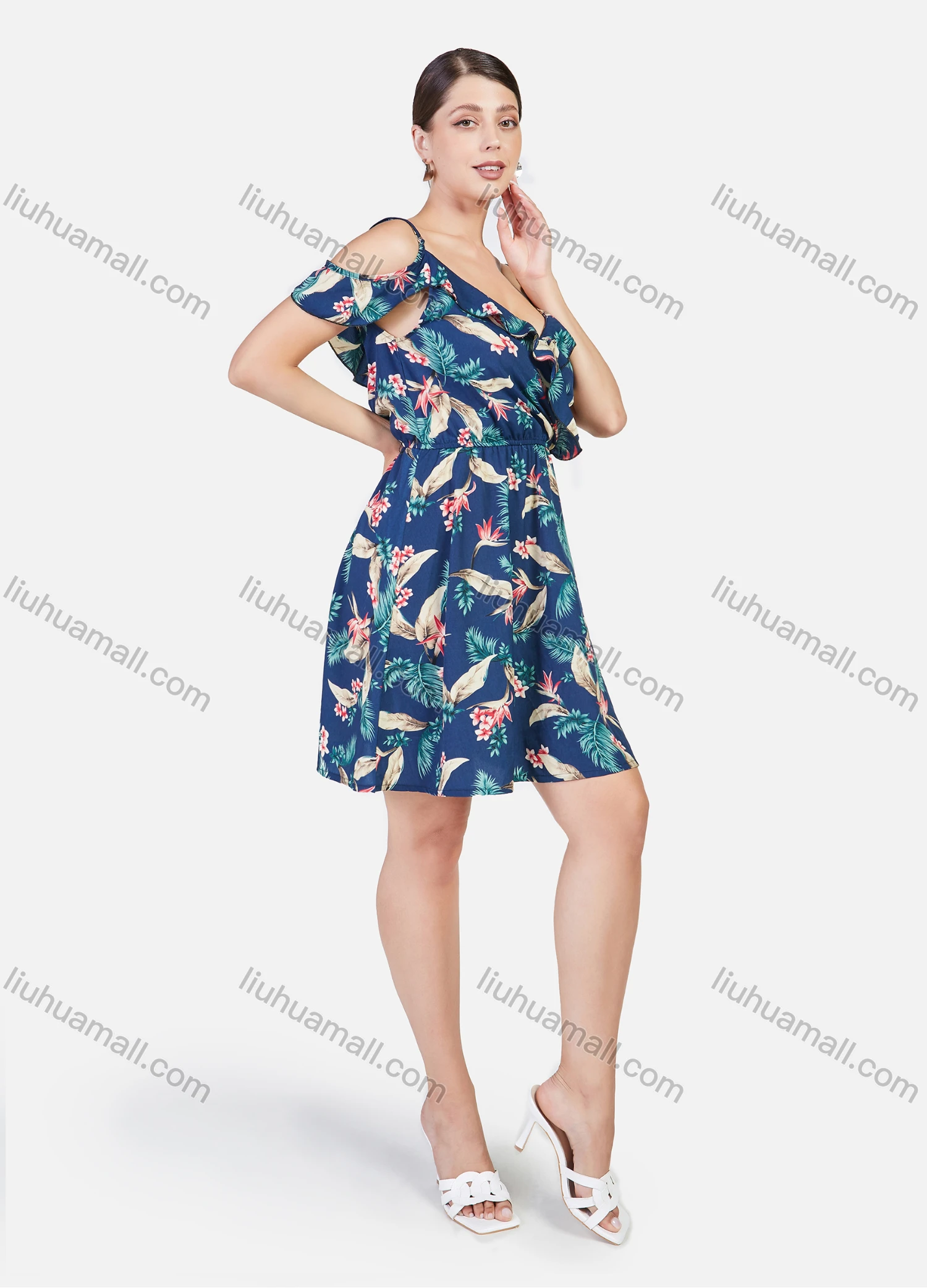 Wholesale Women's Floral Print V Neck Cold Shoulder Backless Ruffle Trim Short Dress - Liuhuamall