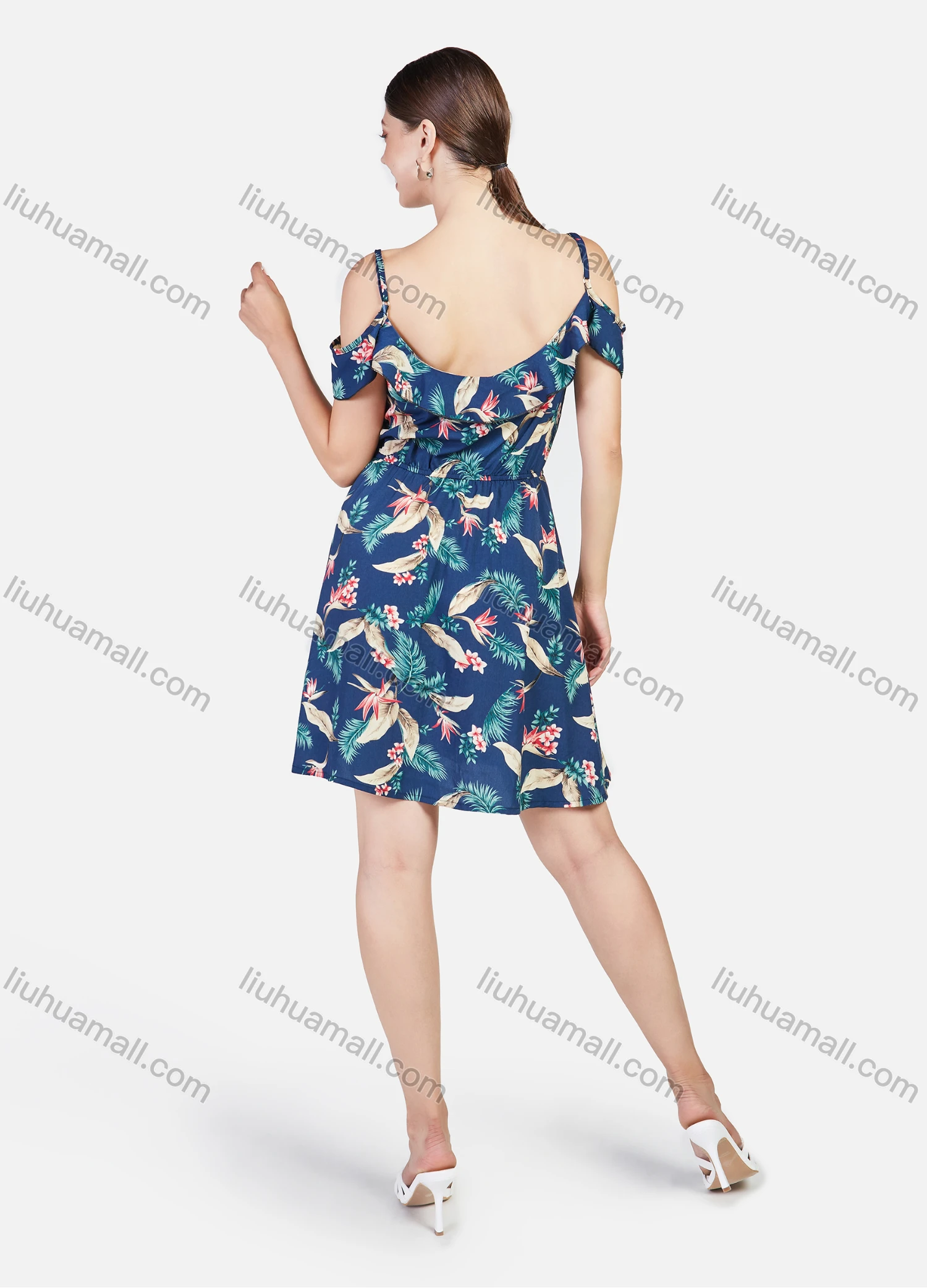 Wholesale Women's Floral Print V Neck Cold Shoulder Backless Ruffle Trim Short Dress - Liuhuamall