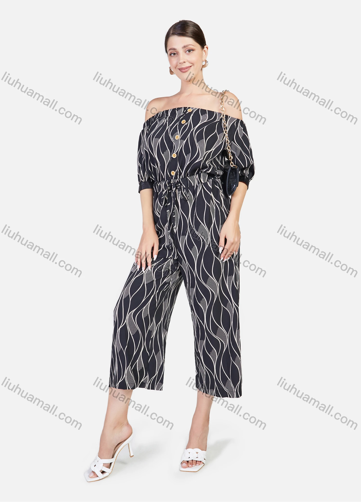 Wholesale Women's Fashion Wave Print Off the Shoulder Button Decor Cropped Jumpsuit - Liuhuamall