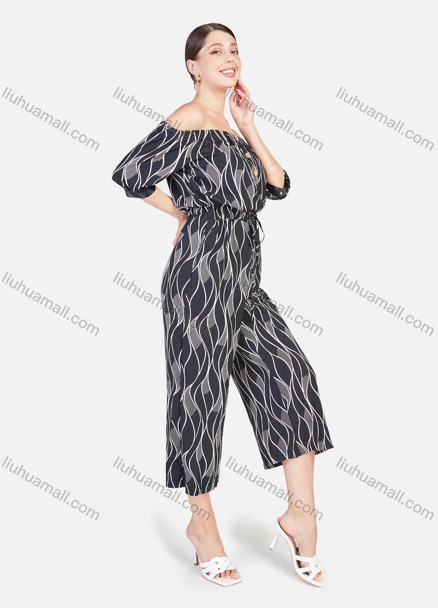 Wholesale Women's Fashion Wave Print Off the Shoulder Button Decor Cropped Jumpsuit - Liuhuamall