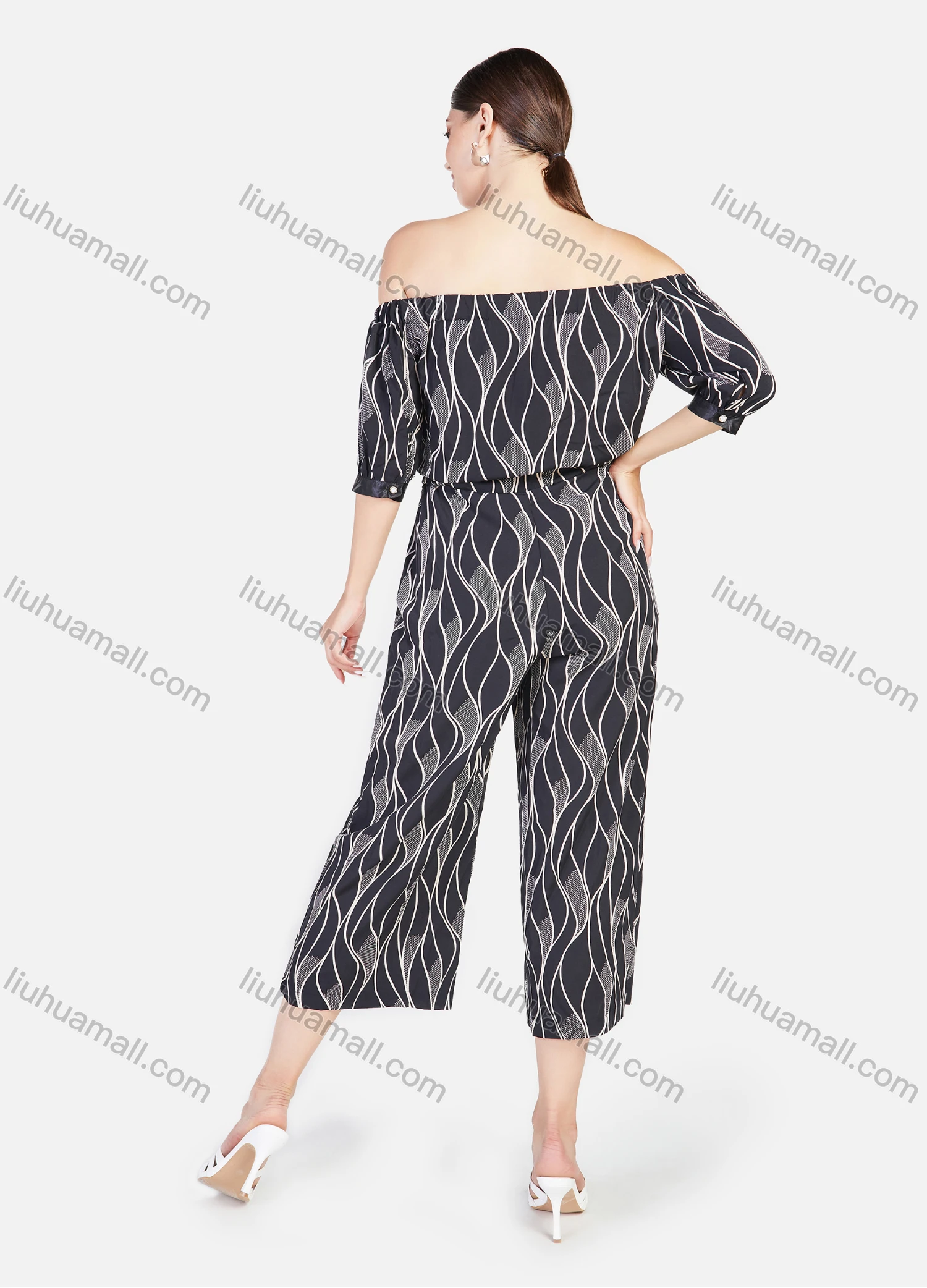 Wholesale Women's Fashion Wave Print Off the Shoulder Button Decor Cropped Jumpsuit - Liuhuamall