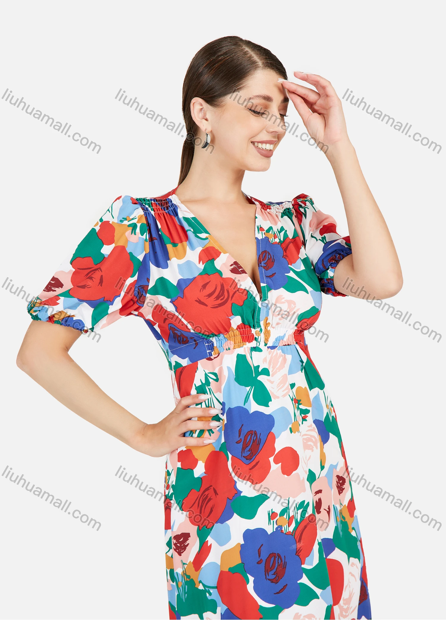 Wholesale Women's Allover Floral Print V Neck Puff Sleeve Midi Dress - Liuhuamall