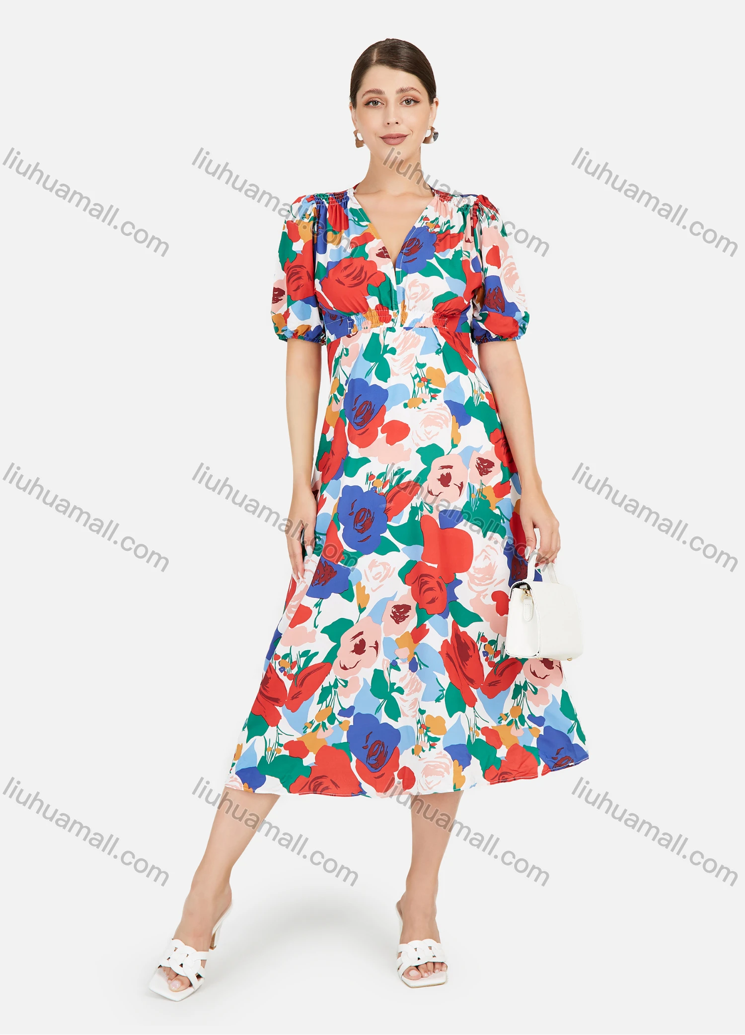 Wholesale Women's Allover Floral Print V Neck Puff Sleeve Midi Dress - Liuhuamall