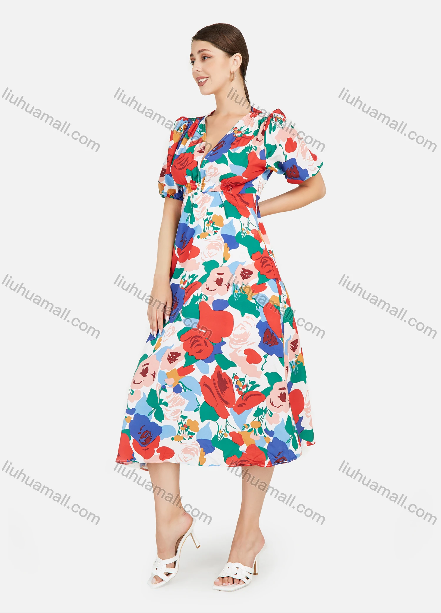 Wholesale Women's Allover Floral Print V Neck Puff Sleeve Midi Dress - Liuhuamall