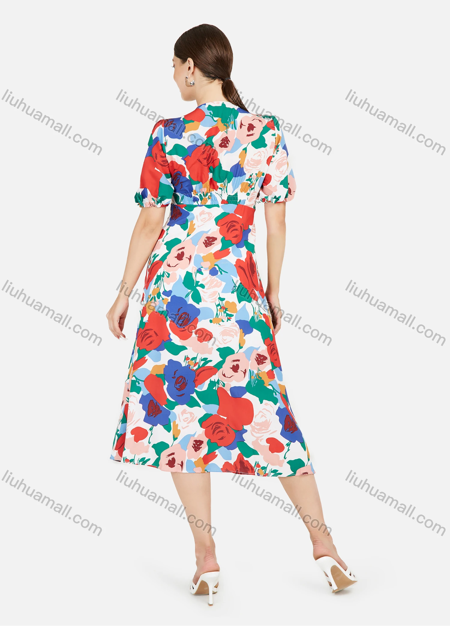Wholesale Women's Allover Floral Print V Neck Puff Sleeve Midi Dress - Liuhuamall