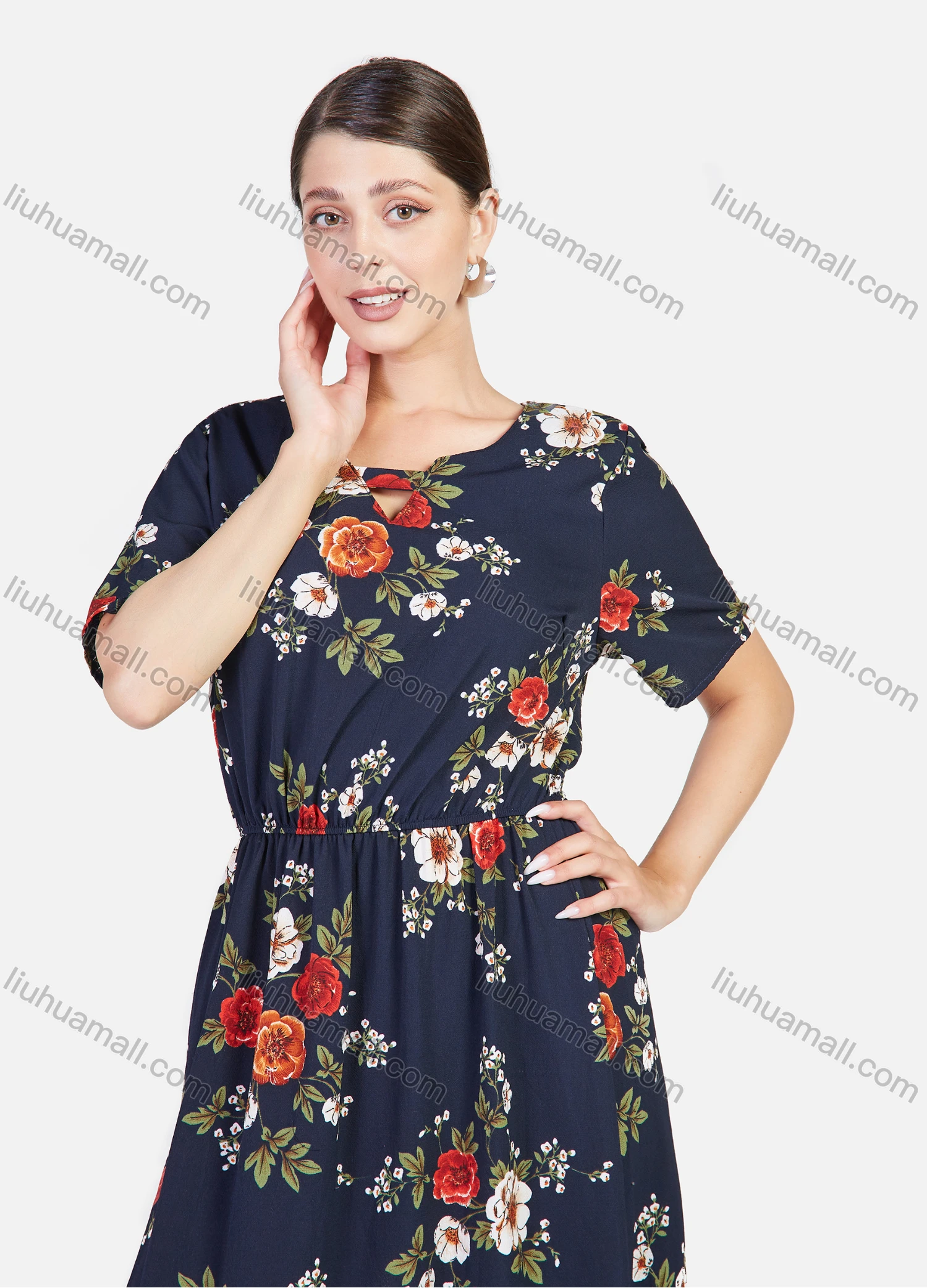 Wholesale Women's Floral Print Round Neck Short Sleeve Maxi Dress - Liuhuamall