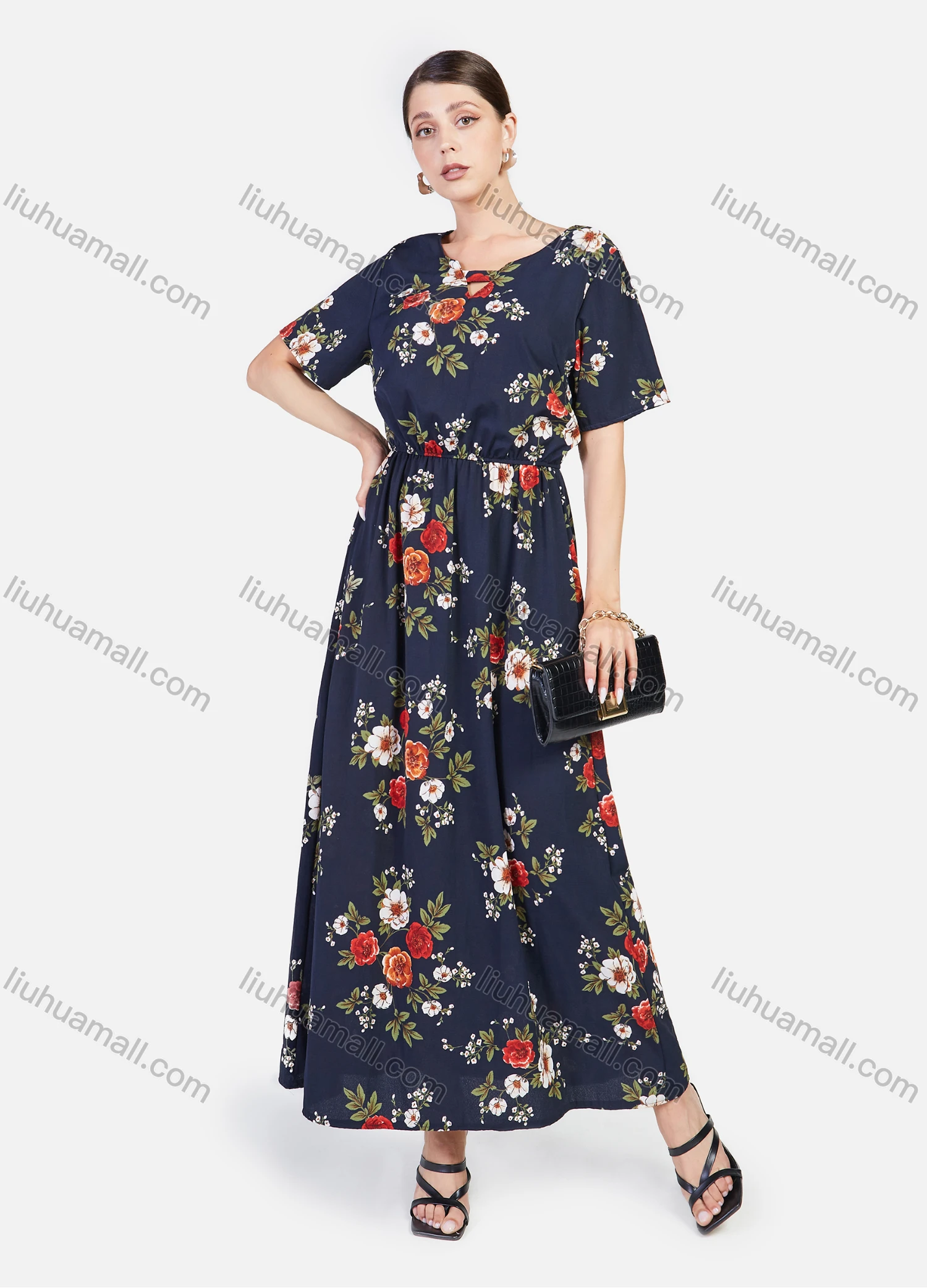 Wholesale Women's Floral Print Round Neck Short Sleeve Maxi Dress - Liuhuamall