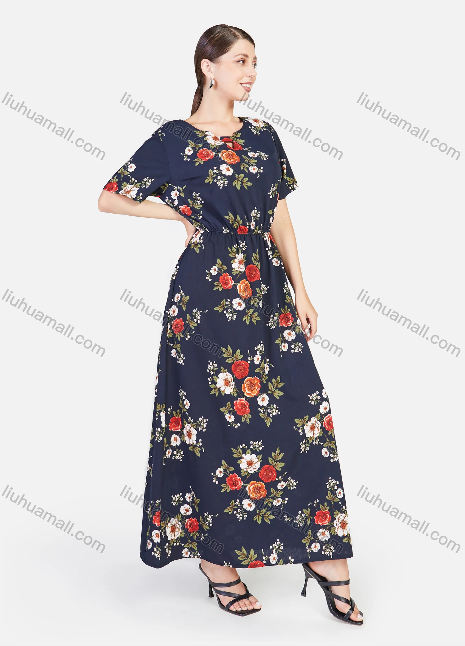 Wholesale Women's Floral Print Round Neck Short Sleeve Maxi Dress - Liuhuamall