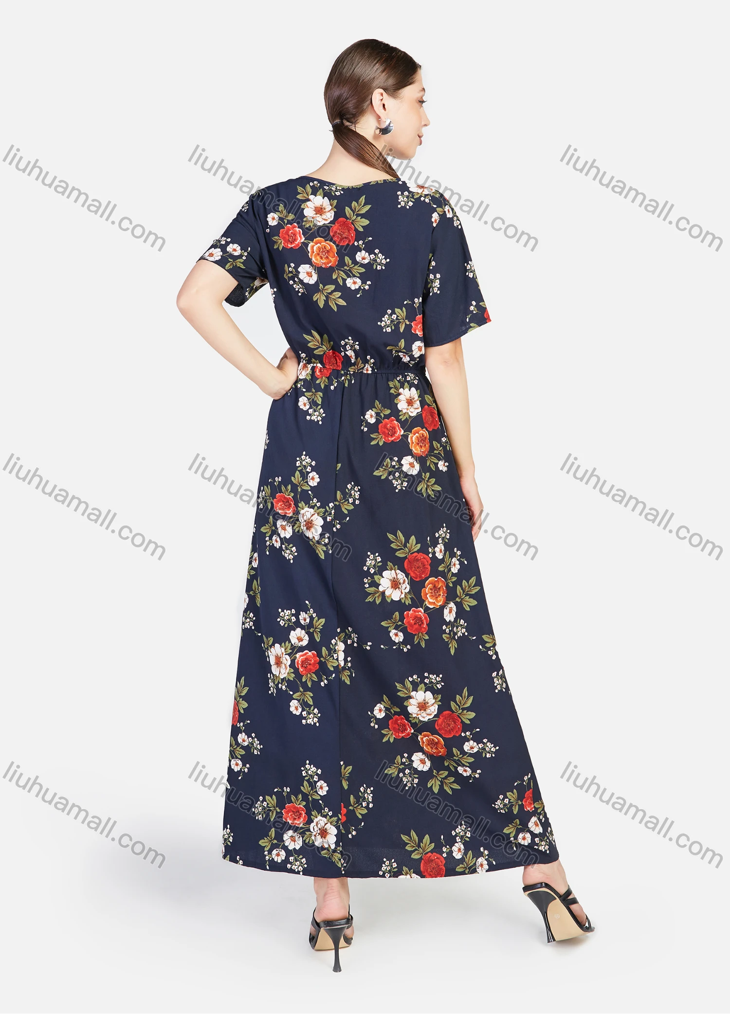 Wholesale Women's Floral Print Round Neck Short Sleeve Maxi Dress - Liuhuamall