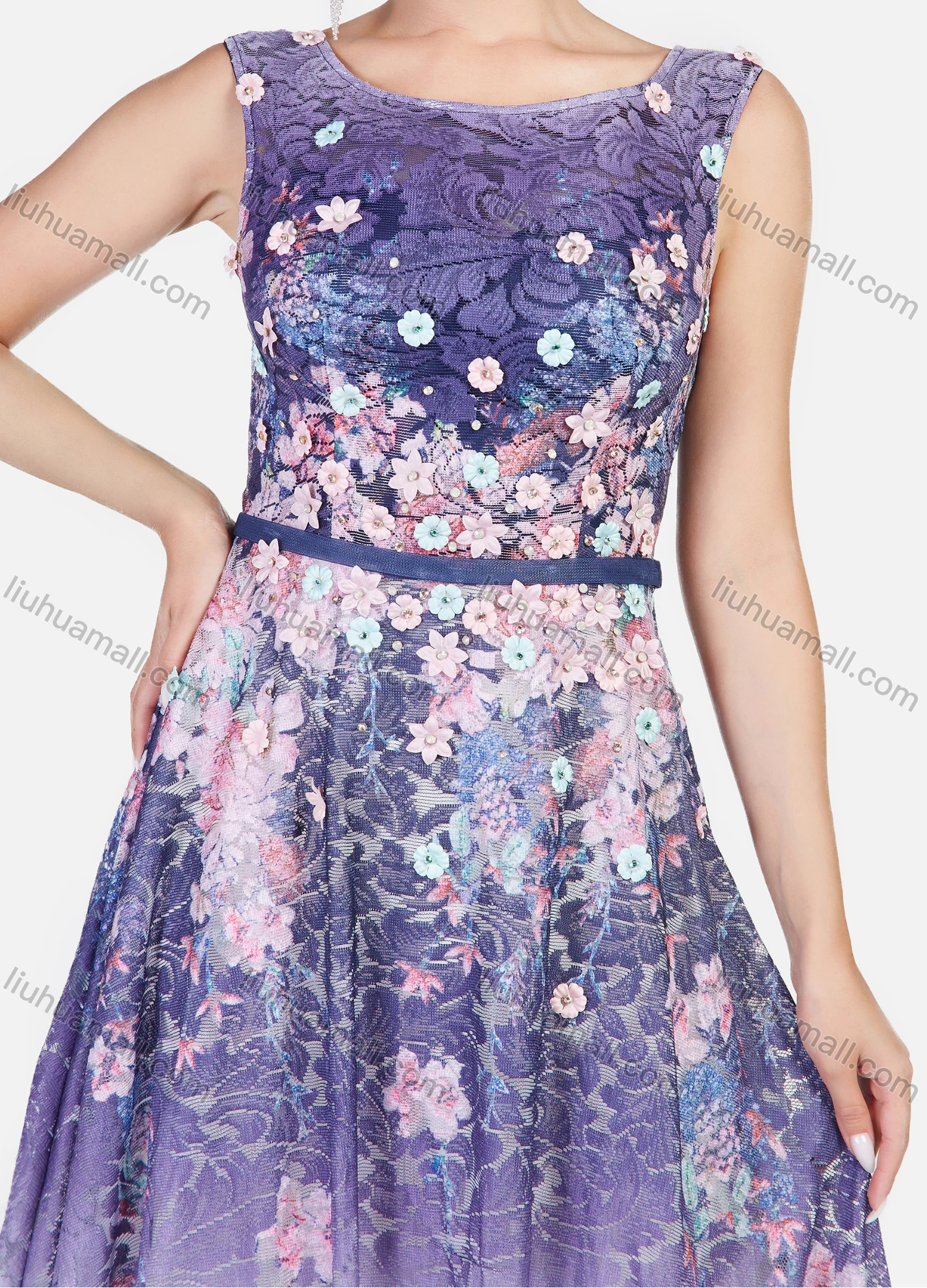 Wholesale Women's Elegant Appliques Sleeveless 3D Floral Guipure Lace Gradient Floor Length Evening Dress - Liuhuamall