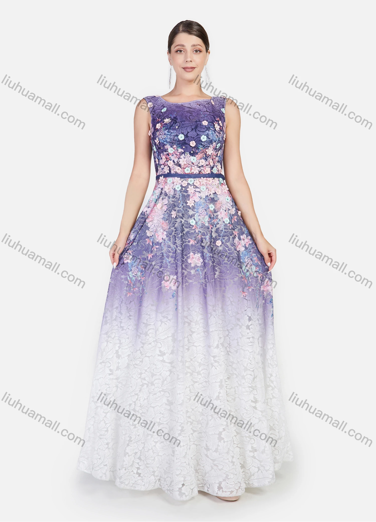 Wholesale Women's Elegant Appliques Sleeveless 3D Floral Guipure Lace Gradient Floor Length Evening Dress - Liuhuamall