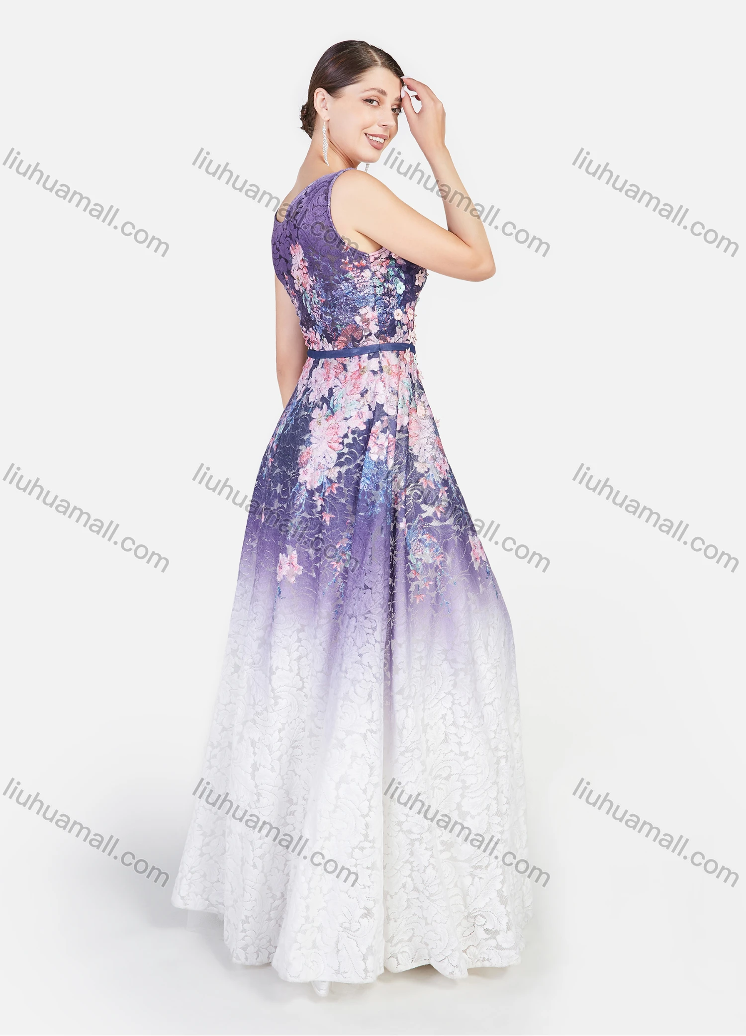Wholesale Women's Elegant Appliques Sleeveless 3D Floral Guipure Lace Gradient Floor Length Evening Dress - Liuhuamall