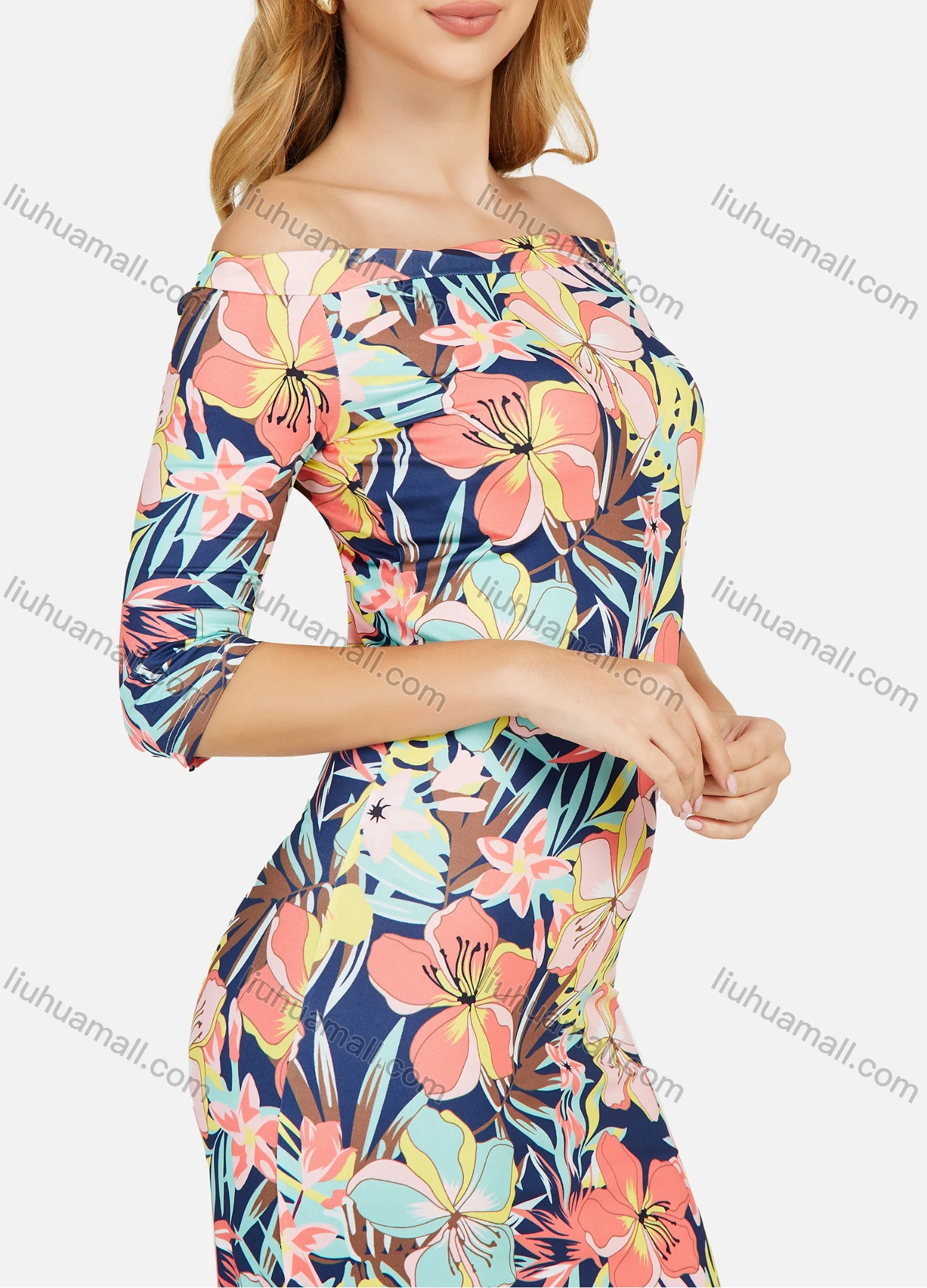 Wholesale Women's Off Shoulder Allover Floral Print 3/4 Sleeve Slim Fit Casual Maxi Dress - Liuhuamall