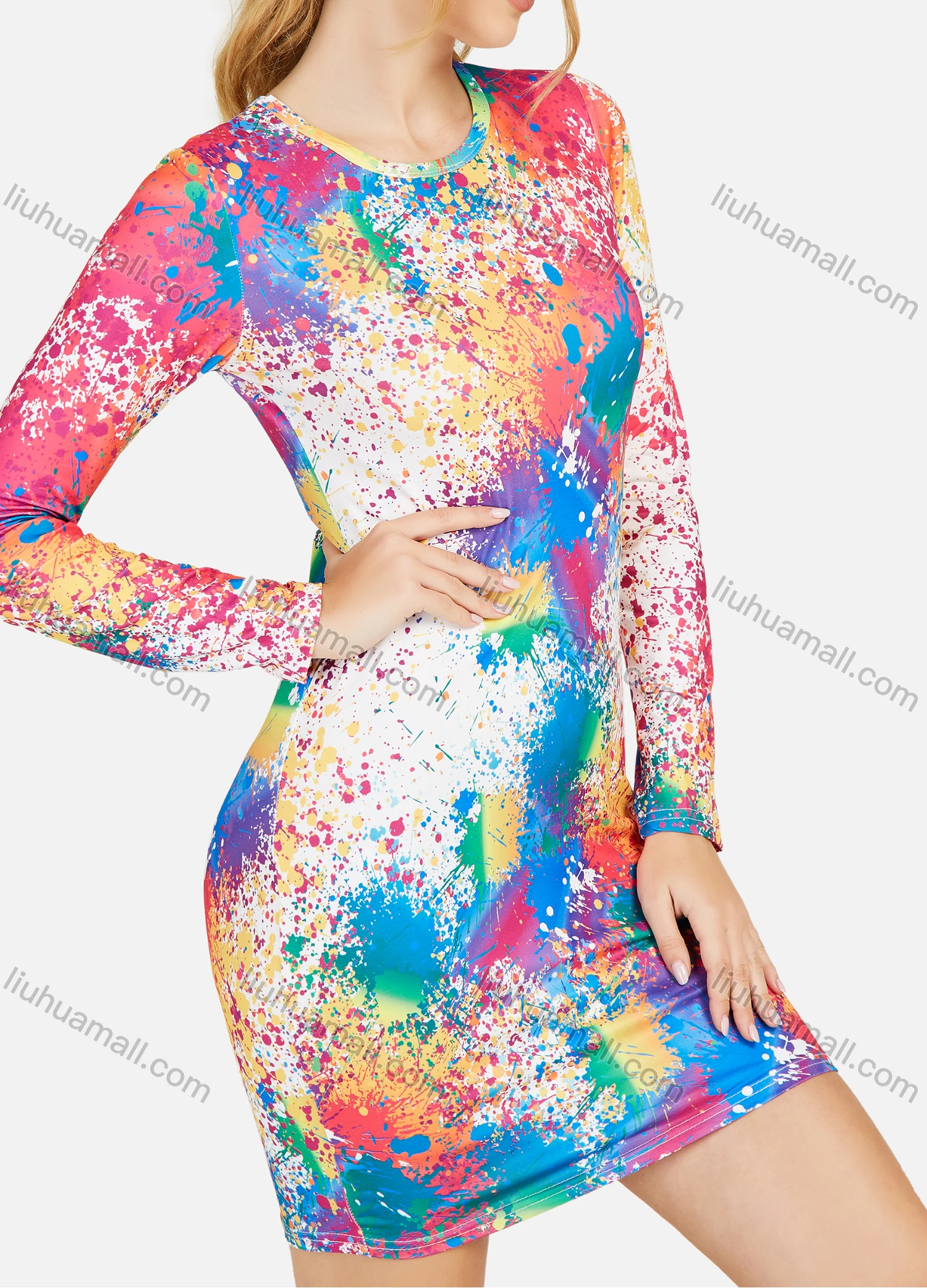 Wholesale Women's Ink Splash Round Neck Long Sleeve Pullover Bodycon Pencil Mini Dress - Liuhuamall