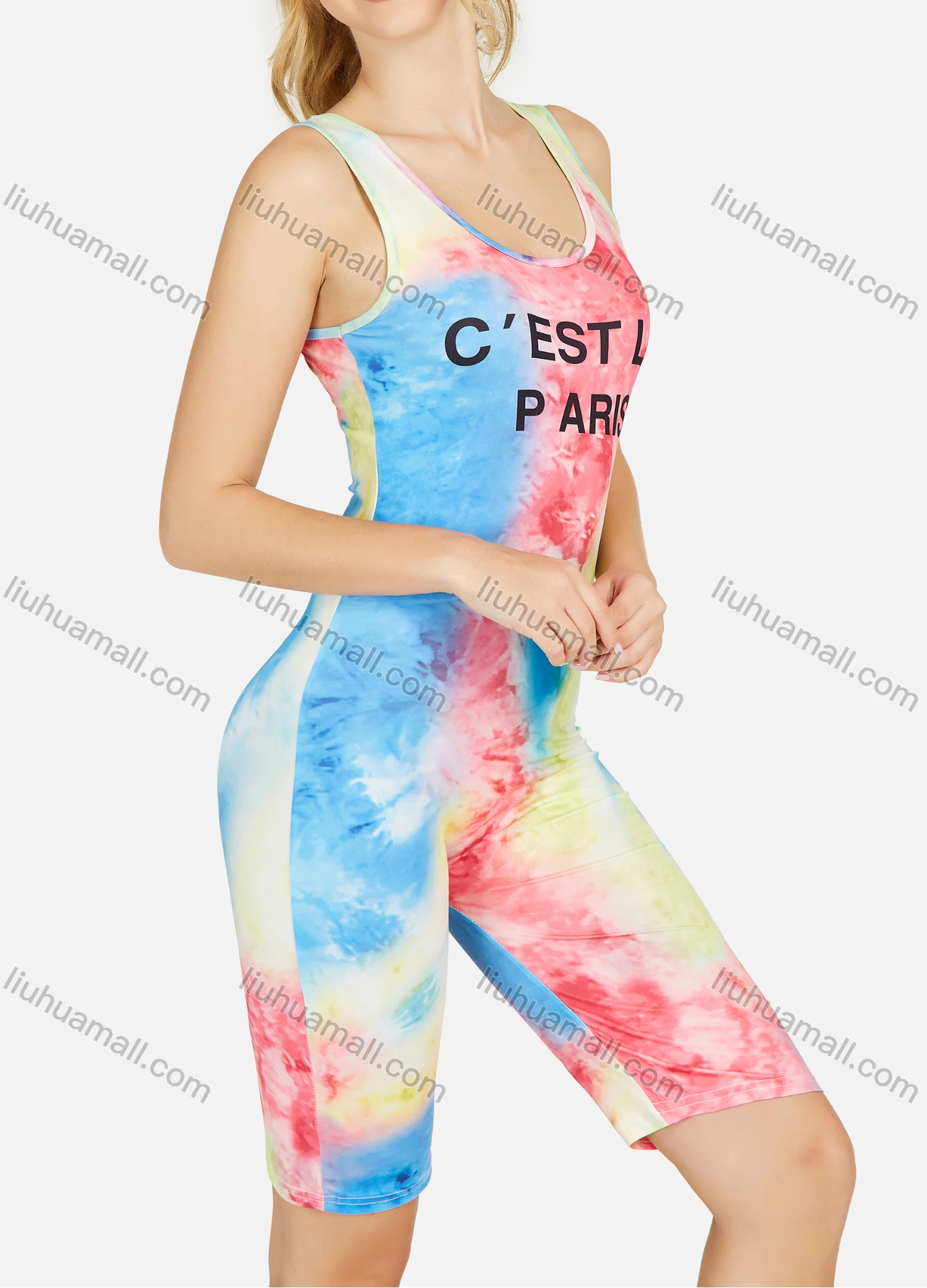 Wholesale Women's Tie Dye U Neck Wide Shoulder Strap Sleeveless Letter Graphic Casual Romper - Liuhuamall