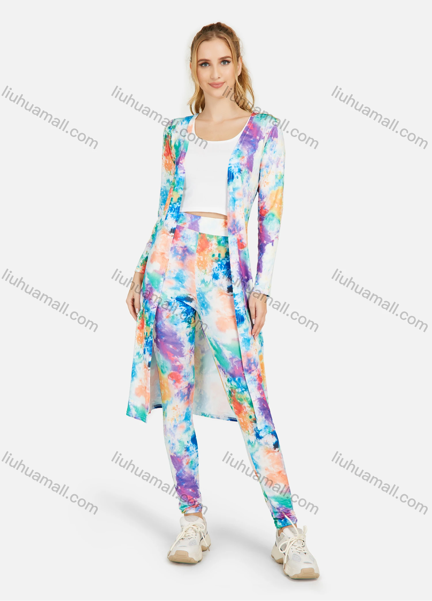 Wholesale Women's Tie Dye Cardigan With High Waist Leggings 3 Piece Set - Liuhuamall