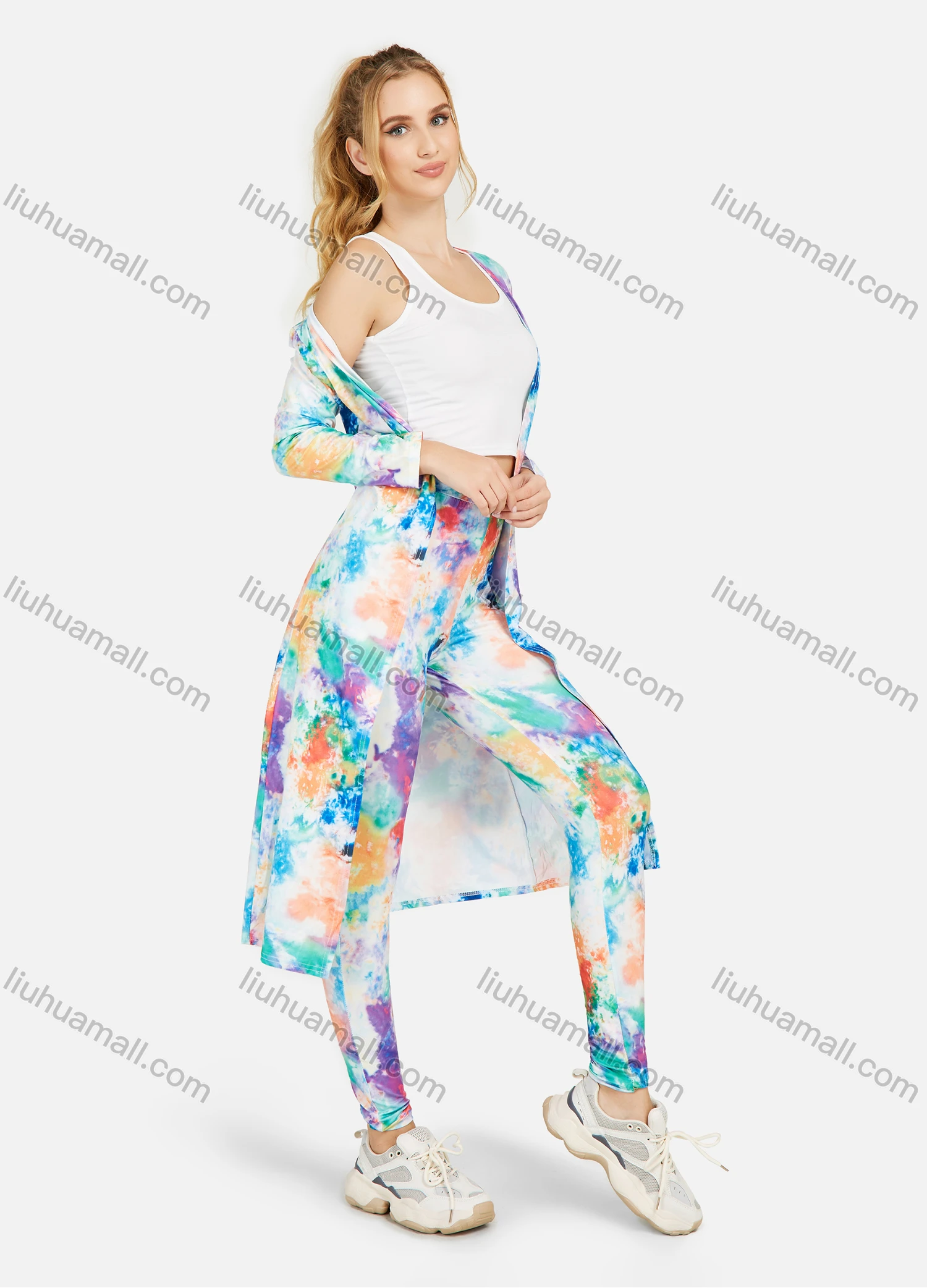 Wholesale Women's Tie Dye Cardigan With High Waist Leggings 3 Piece Set - Liuhuamall