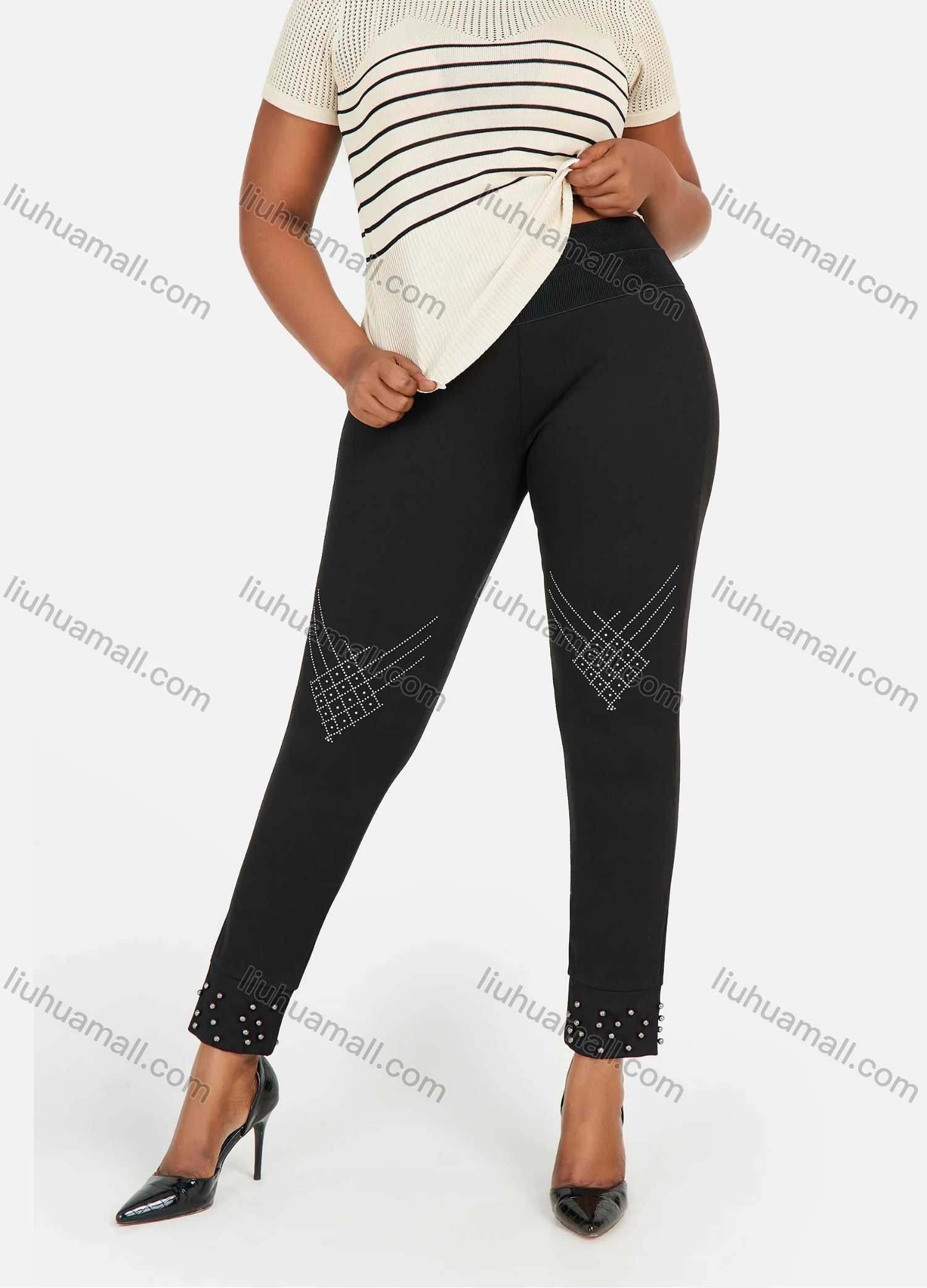 Wholesale Women's Plus Size Elastic Waist Rhinestone Plain Casual Straight Leg Pants - Liuhuamall