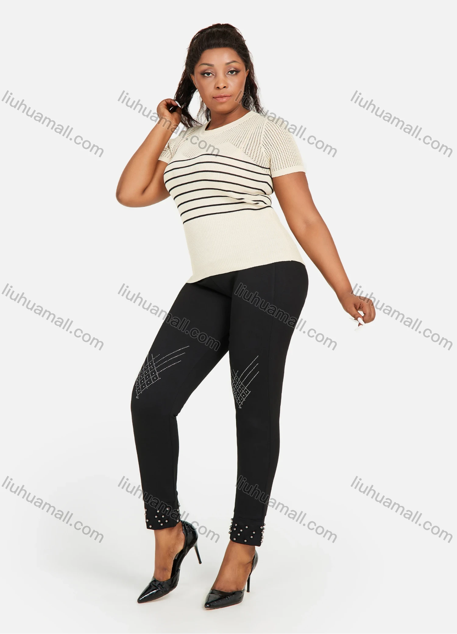 Wholesale Women's Plus Size Elastic Waist Rhinestone Plain Casual Straight Leg Pants - Liuhuamall