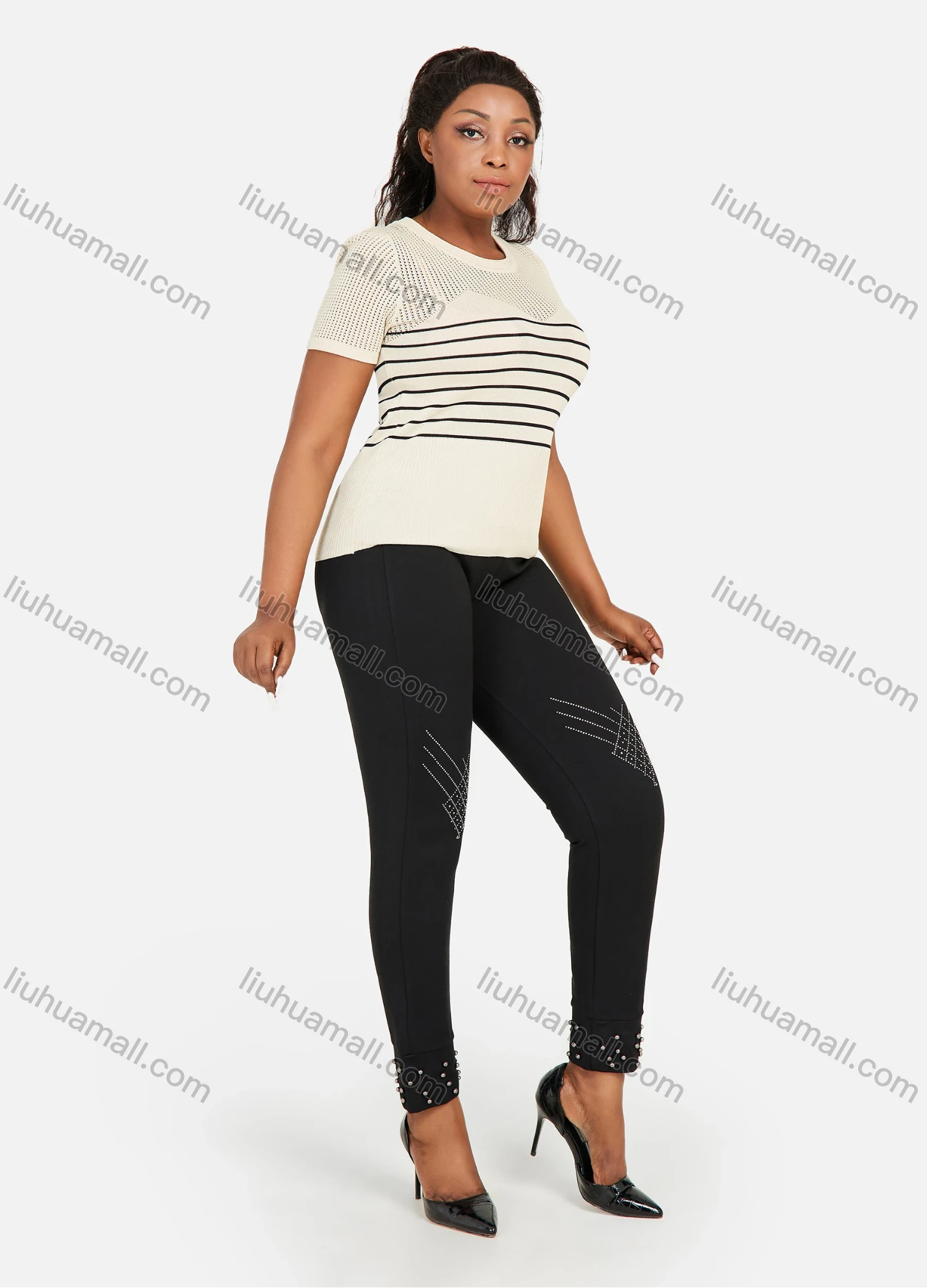 Wholesale Women's Plus Size Elastic Waist Rhinestone Plain Casual Straight Leg Pants - Liuhuamall