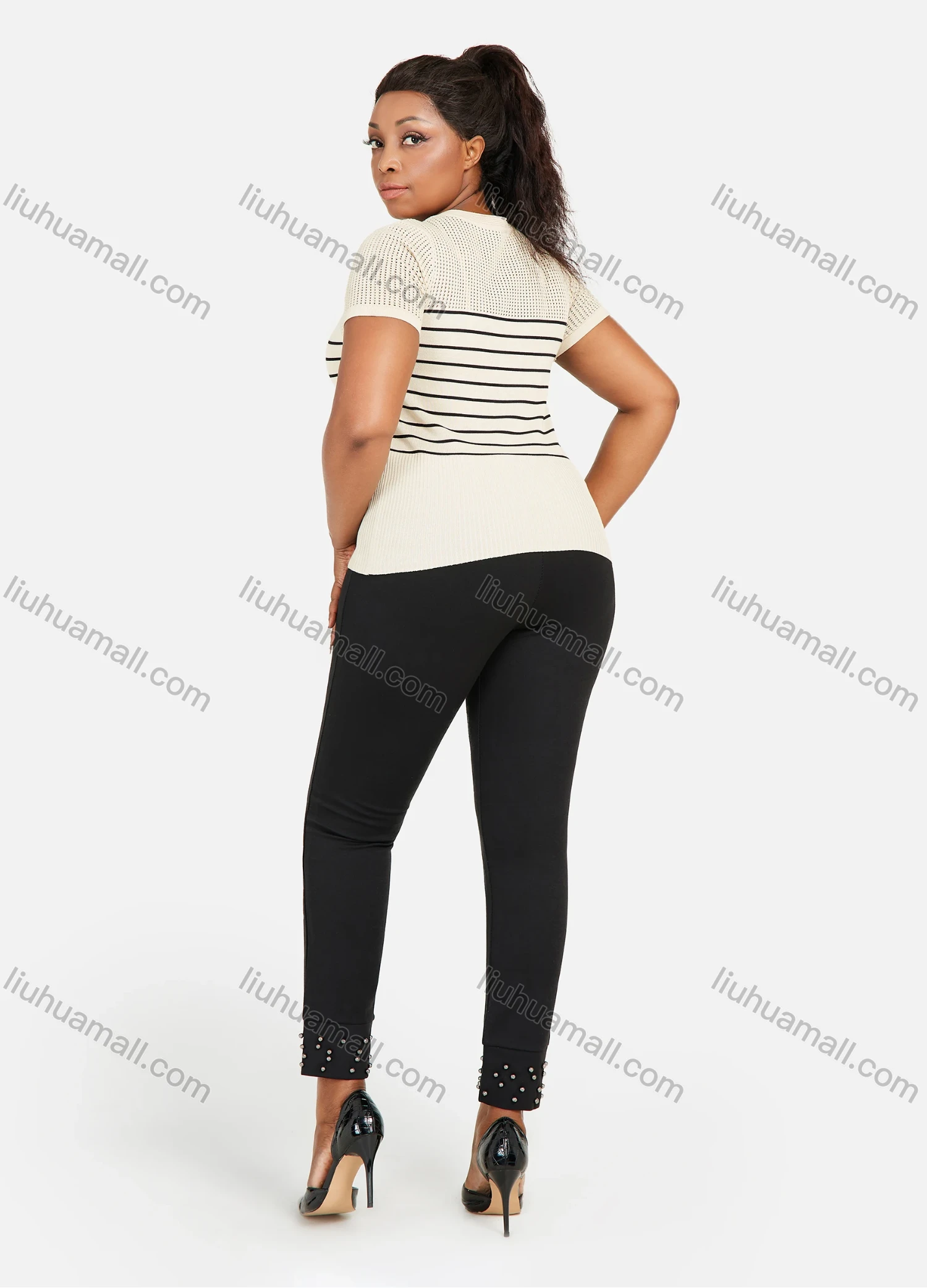 Wholesale Women's Plus Size Elastic Waist Rhinestone Plain Casual Straight Leg Pants - Liuhuamall