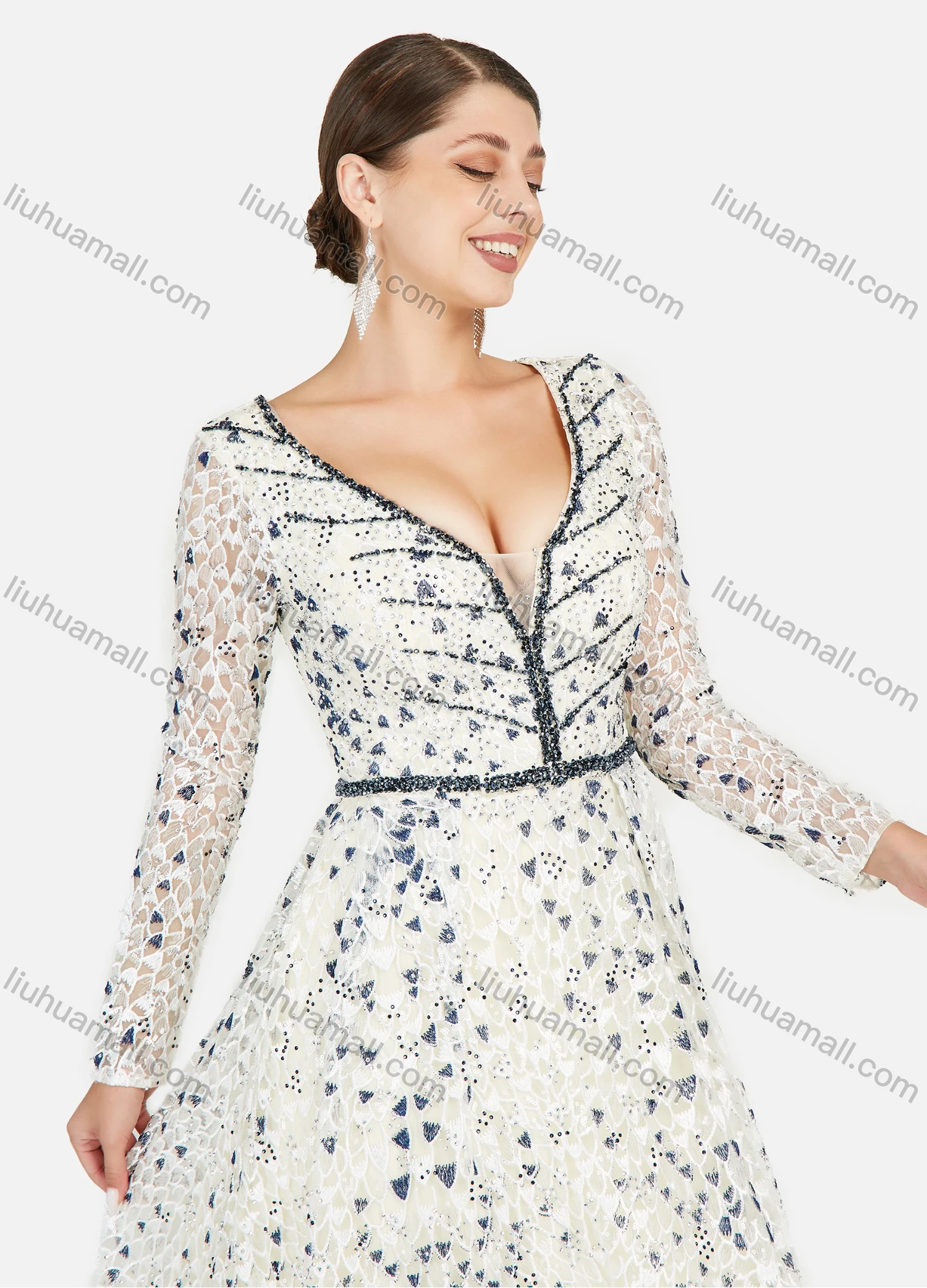 Wholesale Women's Elegant Deep V Guipure Lace Rhinestone Embroidery Floor Length Evening Dress - Liuhuamall