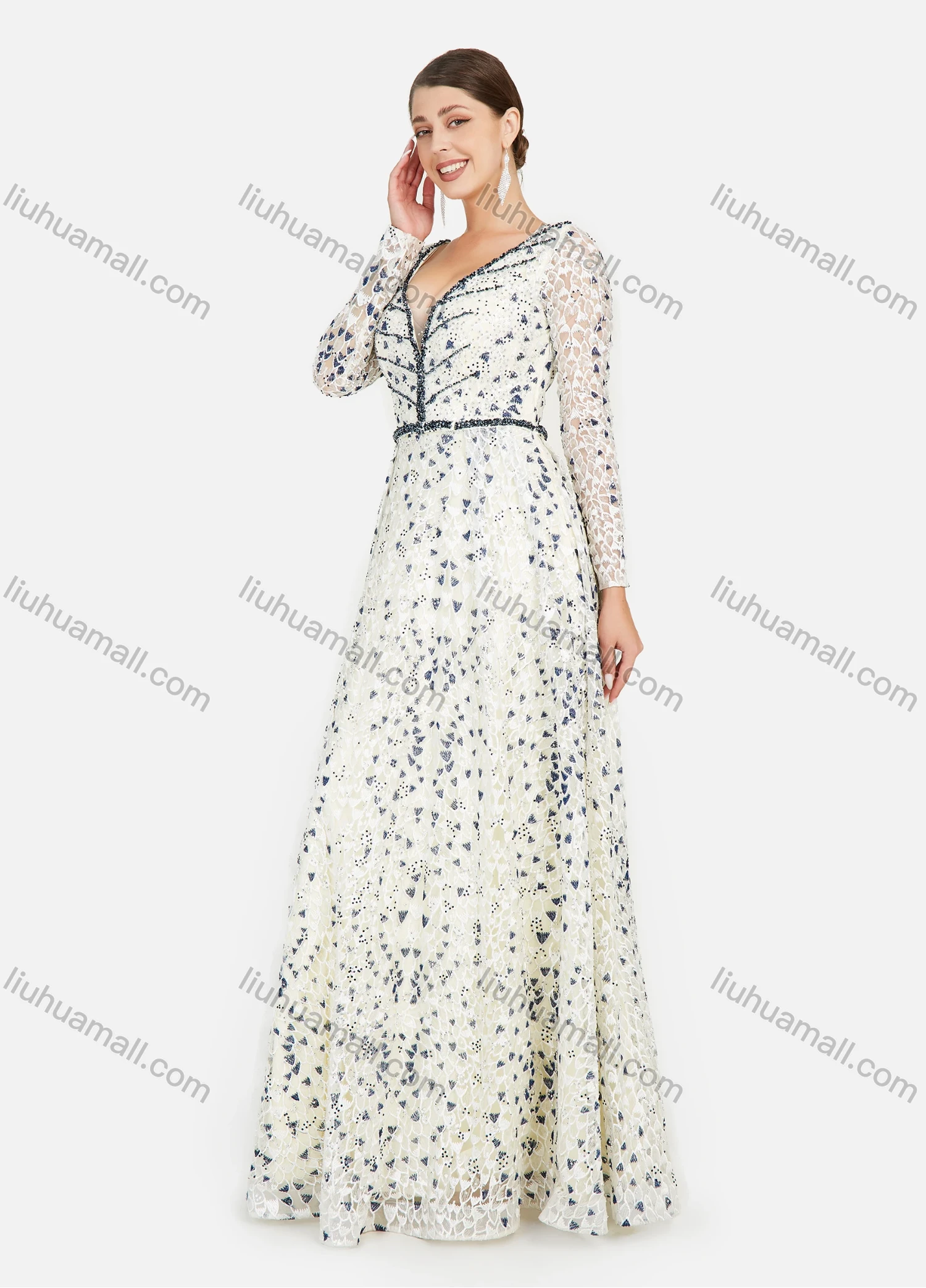Wholesale Women's Elegant Deep V Guipure Lace Rhinestone Embroidery Floor Length Evening Dress - Liuhuamall