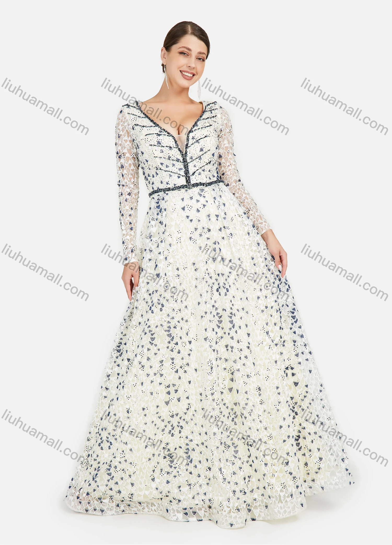 Wholesale Women's Elegant Deep V Guipure Lace Rhinestone Embroidery Floor Length Evening Dress - Liuhuamall