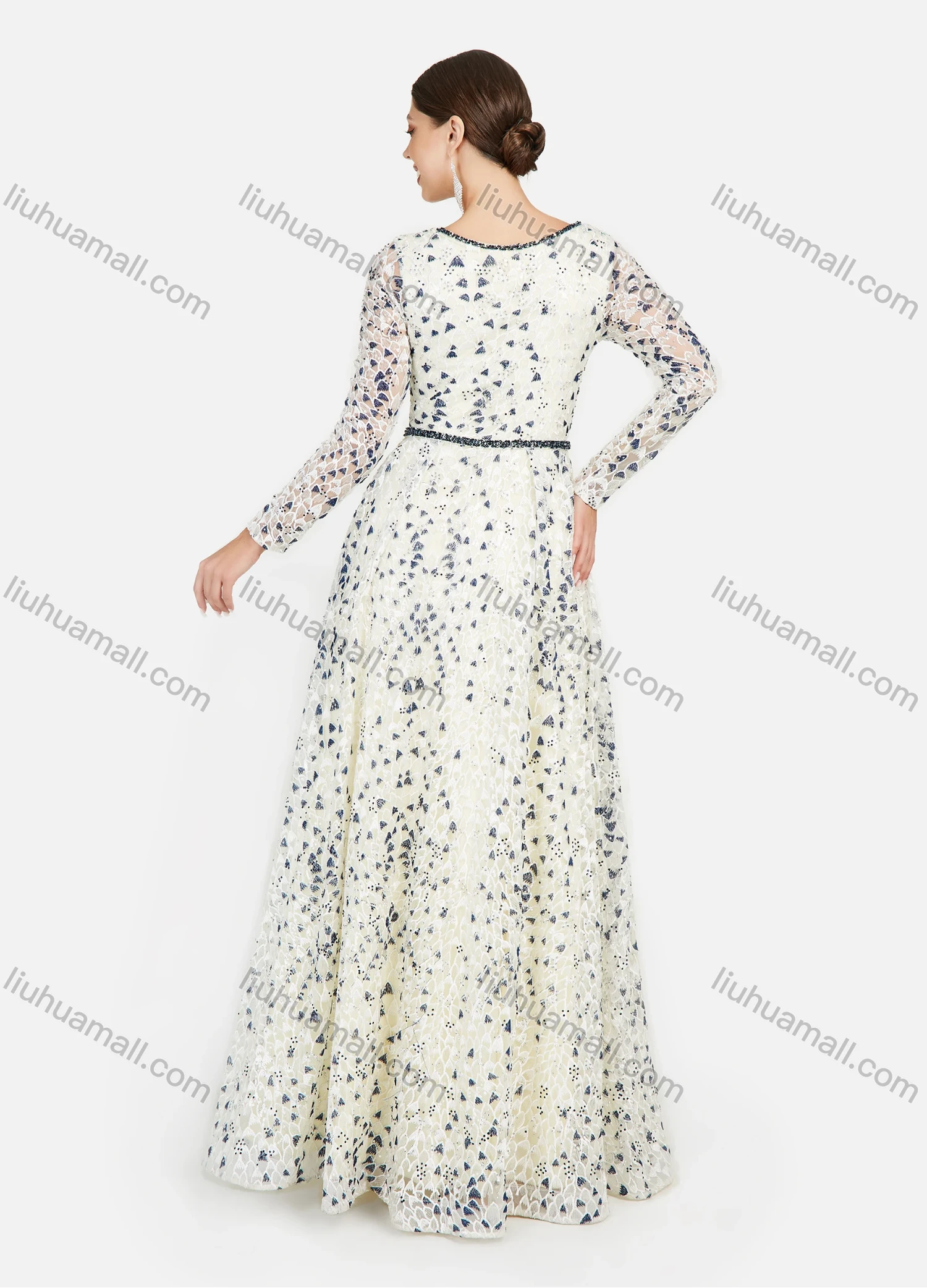 Wholesale Women's Elegant Deep V Guipure Lace Rhinestone Embroidery Floor Length Evening Dress - Liuhuamall