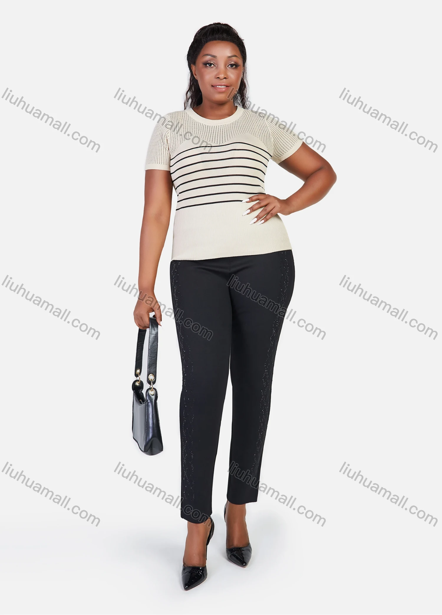 Wholesale Women's Plus Size Elastic Waist Rhinestone Plain Casual Straight Leg Pants - Liuhuamall