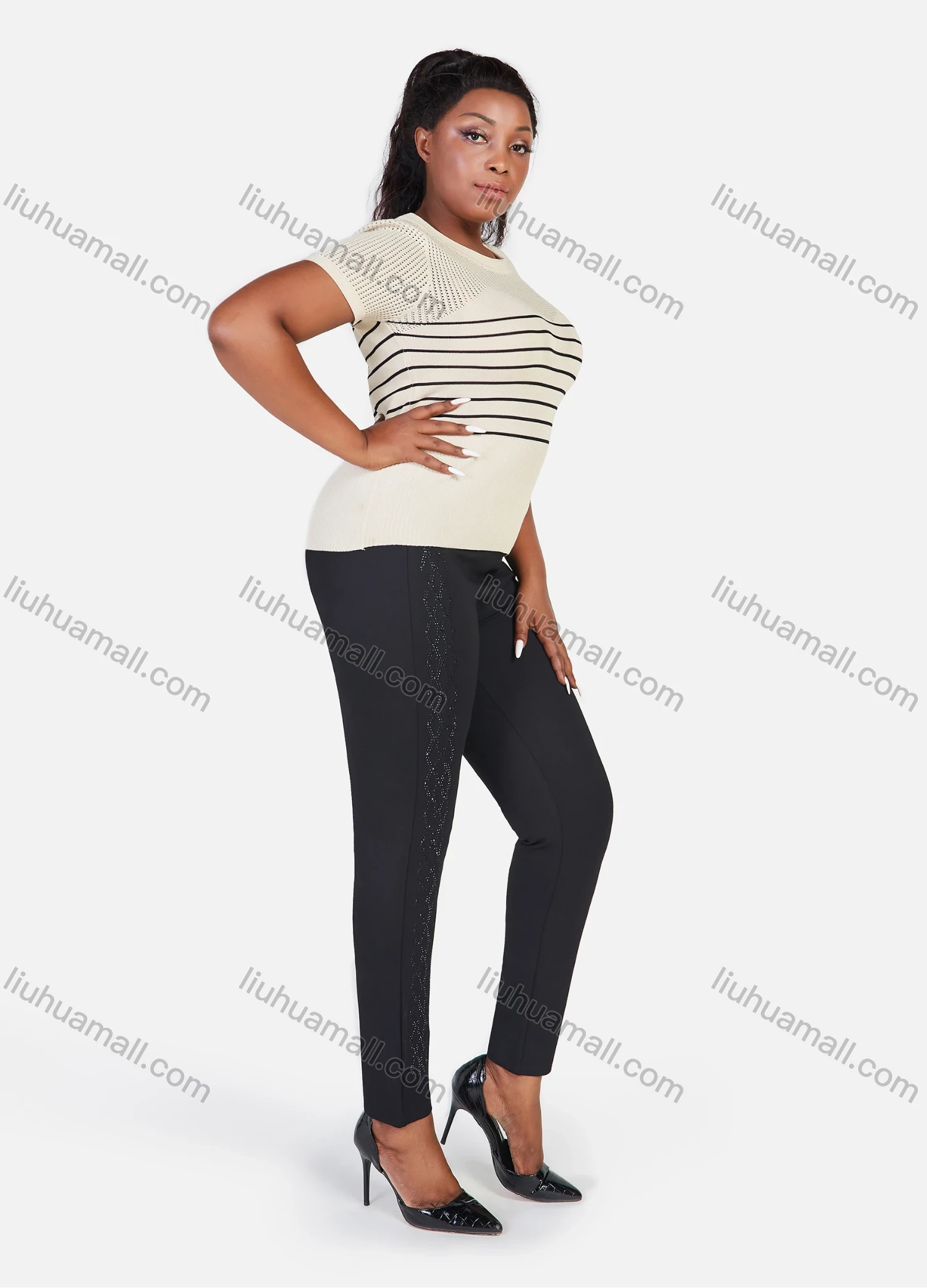 Wholesale Women's Plus Size Elastic Waist Rhinestone Plain Casual Straight Leg Pants - Liuhuamall