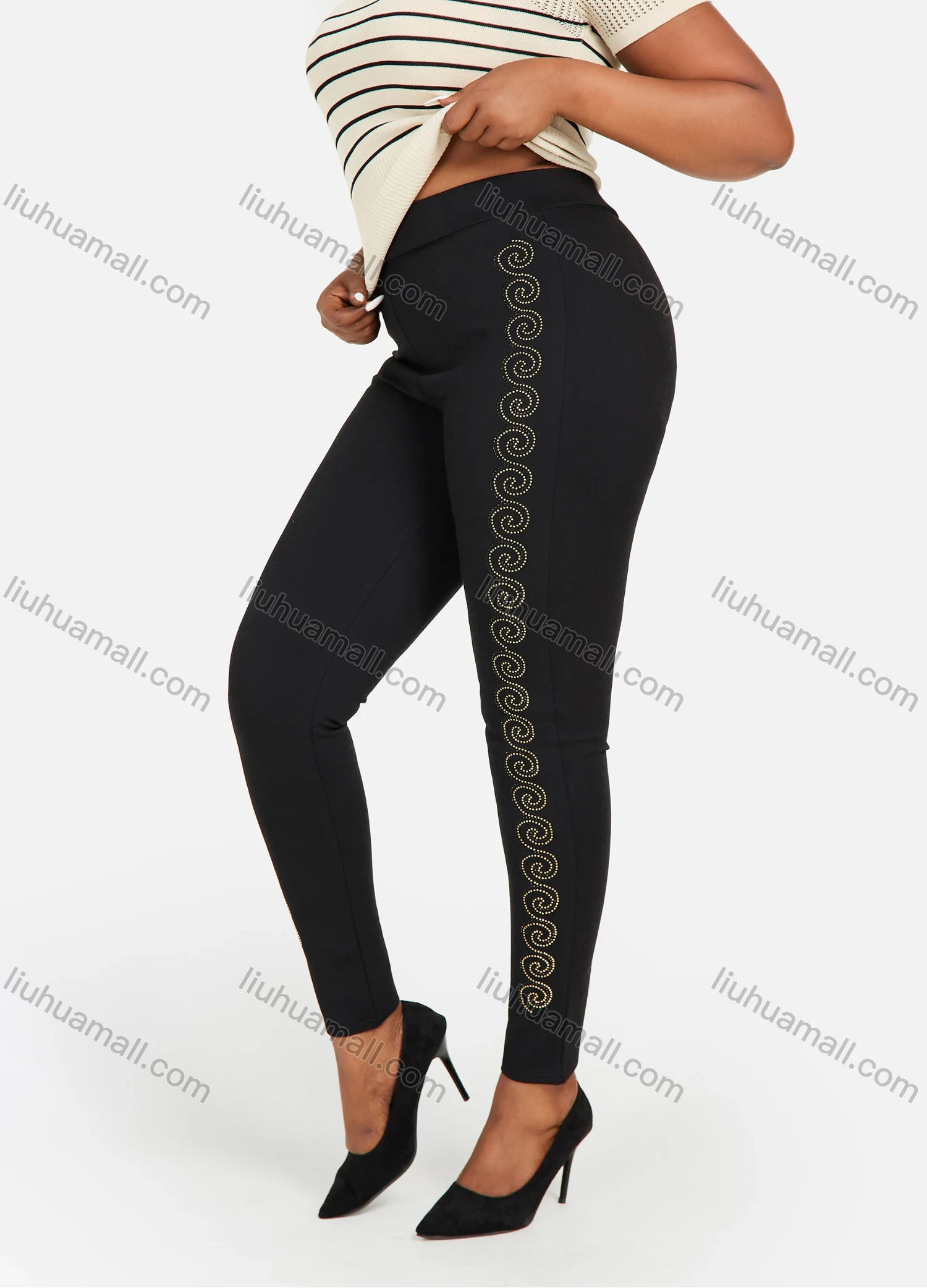 Wholesale Women's Plus Size Plain Rhinestone Elastic Waist Pants Casual High Waist Leggings - Liuhuamall