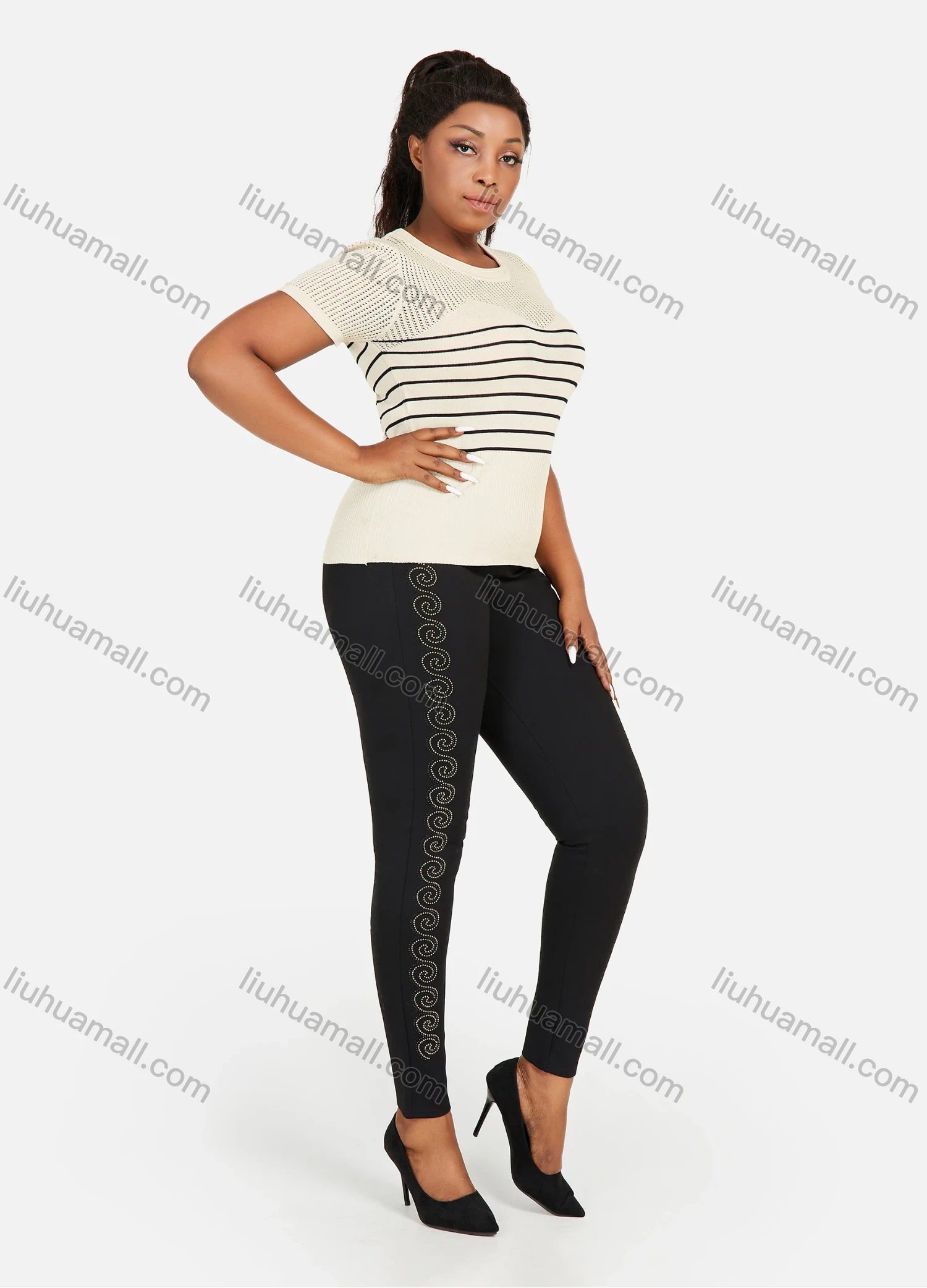 Wholesale Women's Plus Size Plain Rhinestone Elastic Waist Pants Casual High Waist Leggings - Liuhuamall
