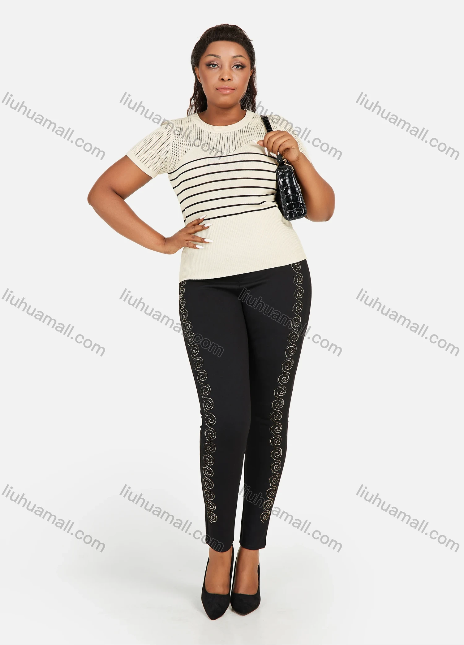 Wholesale Women's Plus Size Plain Rhinestone Elastic Waist Pants Casual High Waist Leggings - Liuhuamall