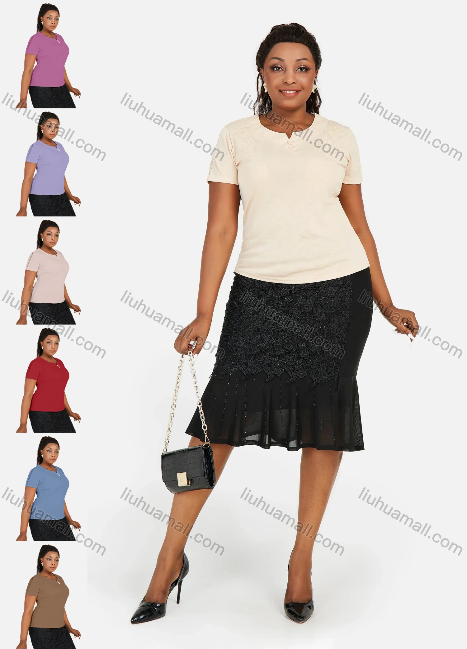 Wholesale Women's Plus Size Notch Neck Short Sleeve Plain Embroidery Blouse - Liuhuamall