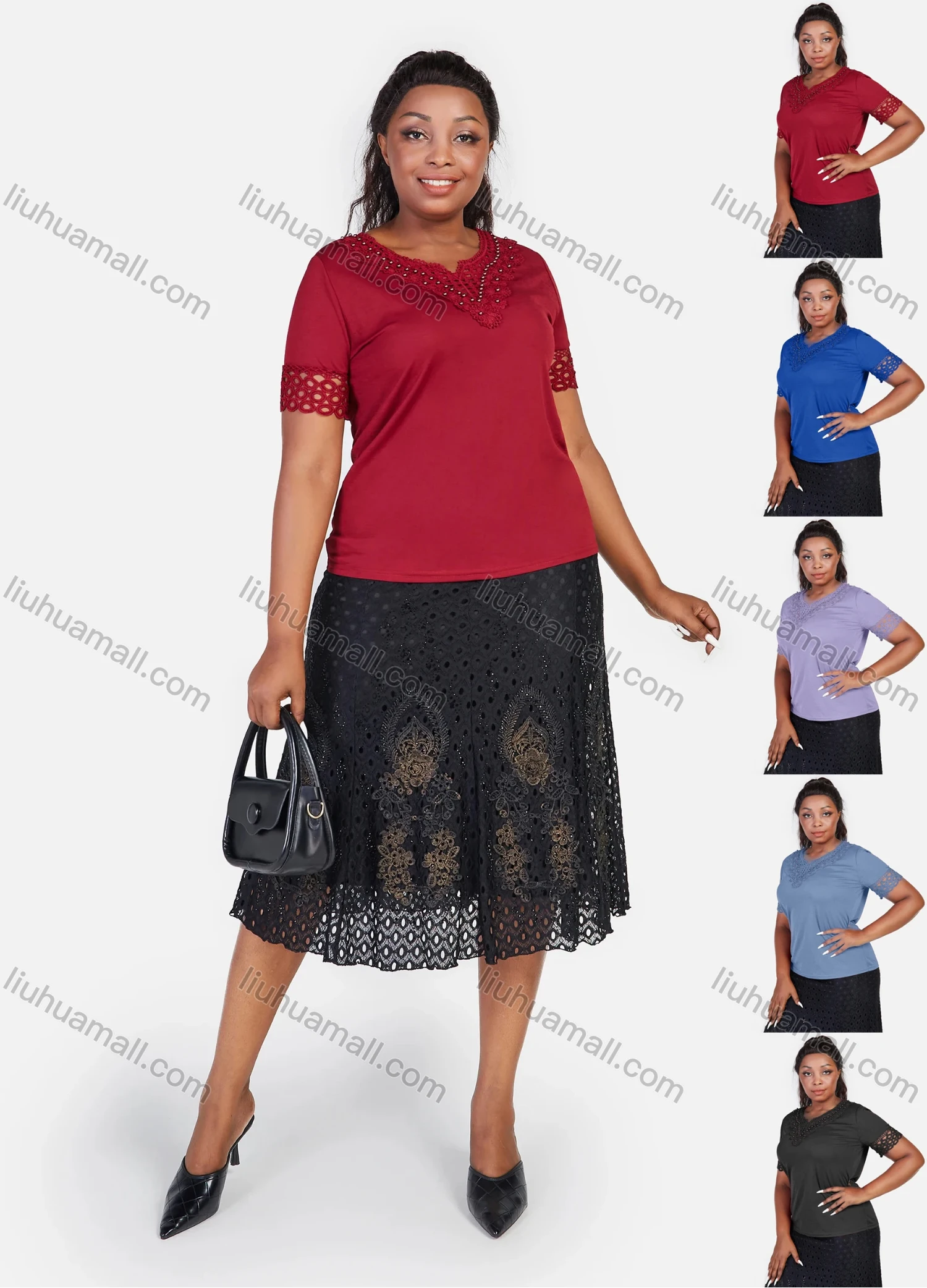 Wholesale Women's Plus Size Notch Neck Appliques Pearl Pearl Decor Plain Blouse - Liuhuamall