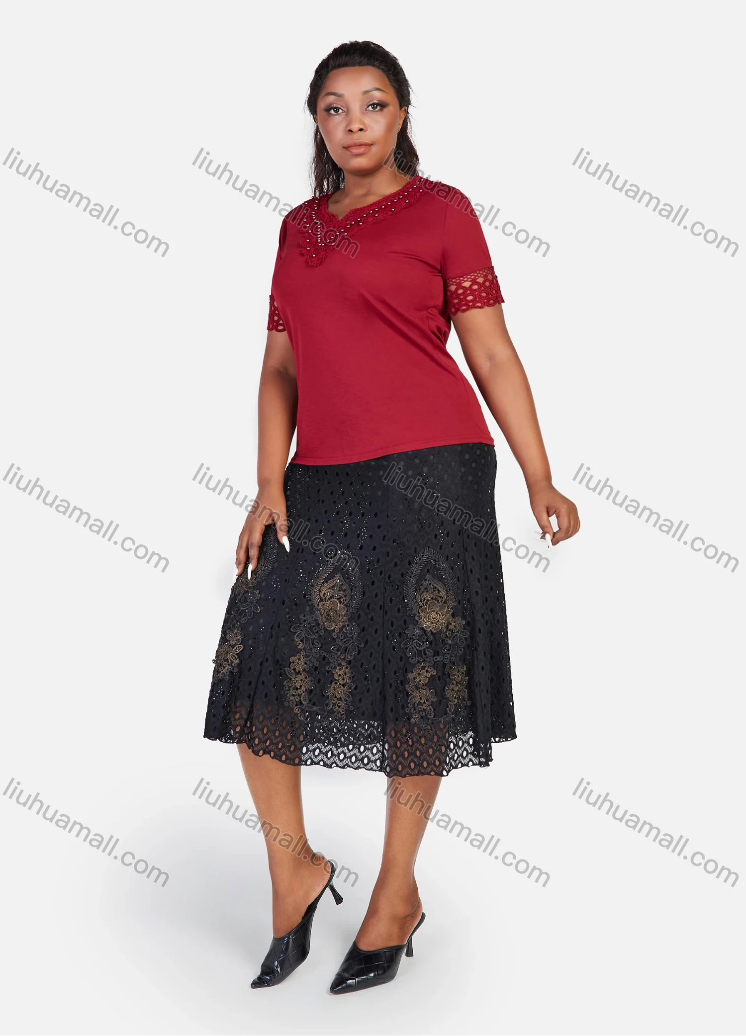 Wholesale Women's Plus Size Notch Neck Appliques Pearl Pearl Decor Plain Blouse - Liuhuamall