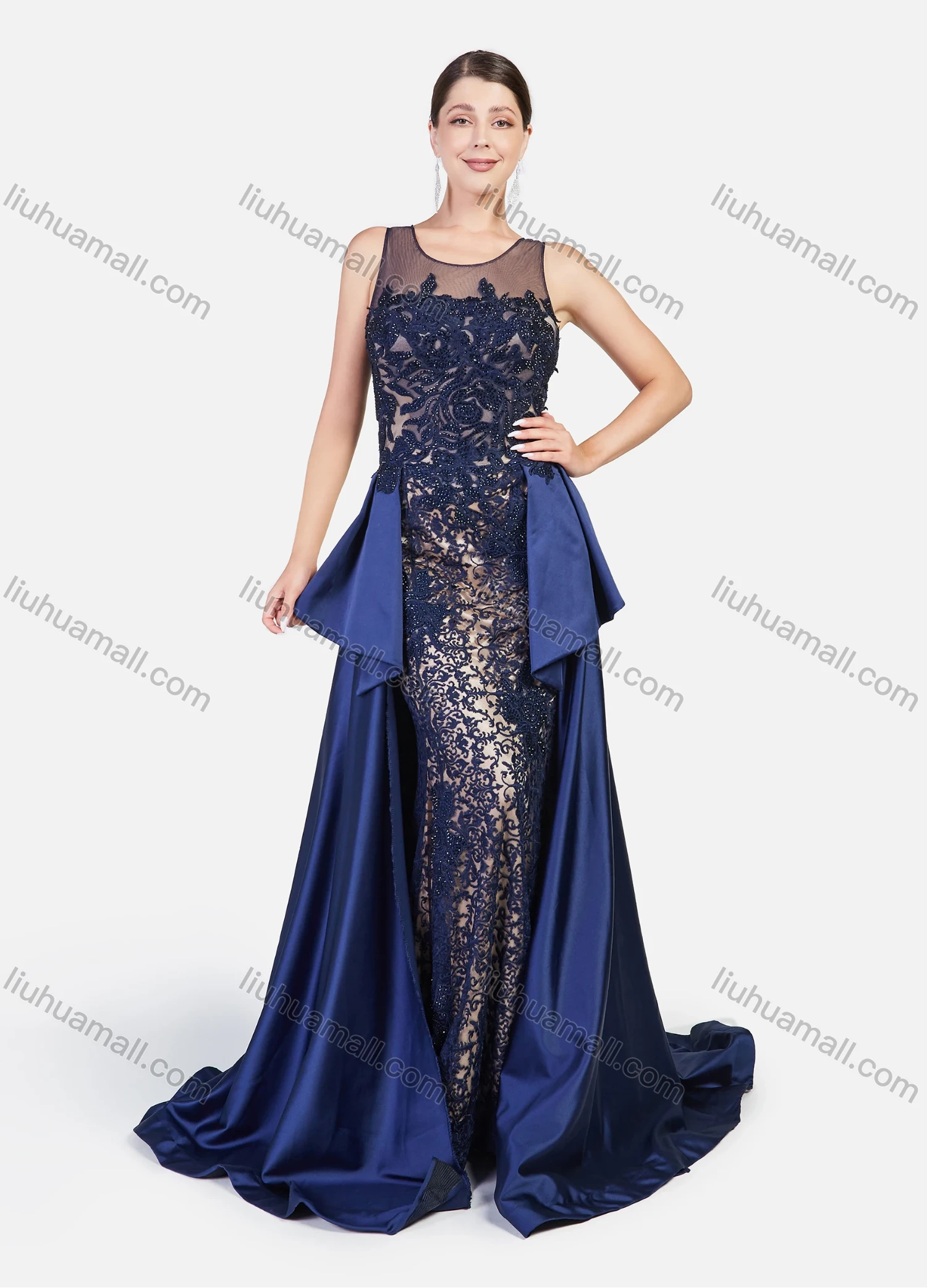 Wholesale Women's Glamorous Sheer Guipure Lace Splicing Floral Embroidery Sleevesless Floor Length Evening Dress - Liuhuamall