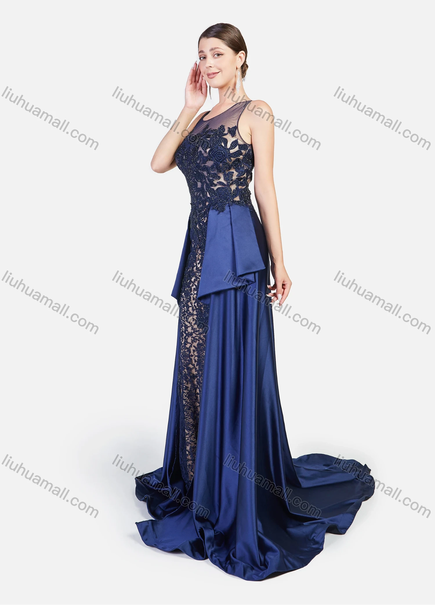 Wholesale Women's Glamorous Sheer Guipure Lace Splicing Floral Embroidery Sleevesless Floor Length Evening Dress - Liuhuamall