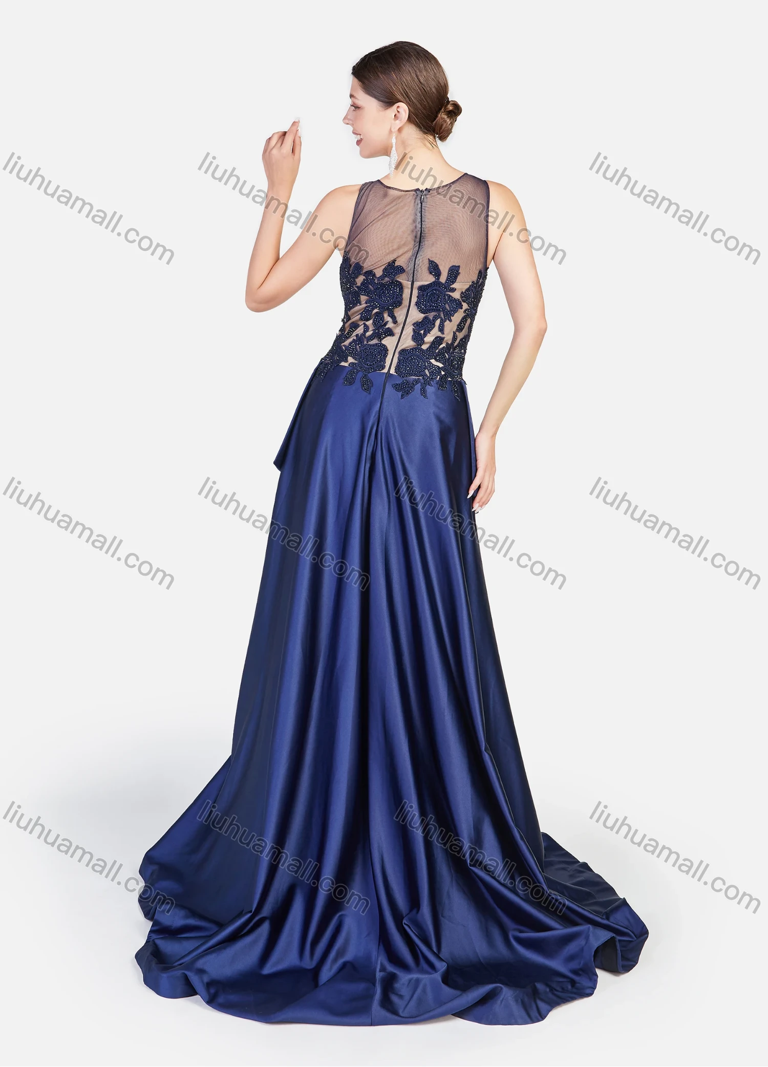 Wholesale Women's Glamorous Sheer Guipure Lace Splicing Floral Embroidery Sleevesless Floor Length Evening Dress - Liuhuamall