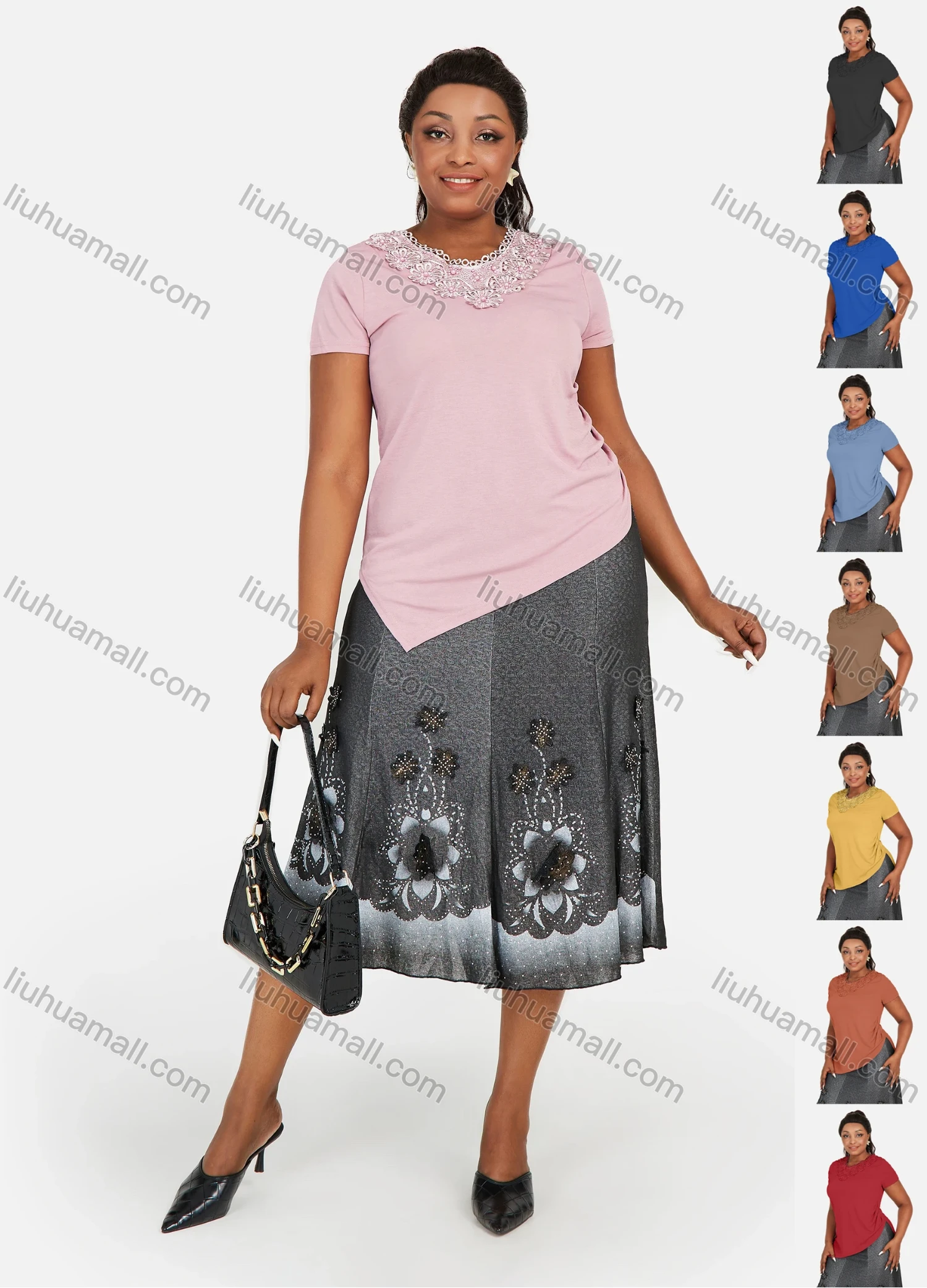 Wholesale Women's Plus Size Round Neck Appliques Pearl Asymmetrical Hem Blouse - Liuhuamall