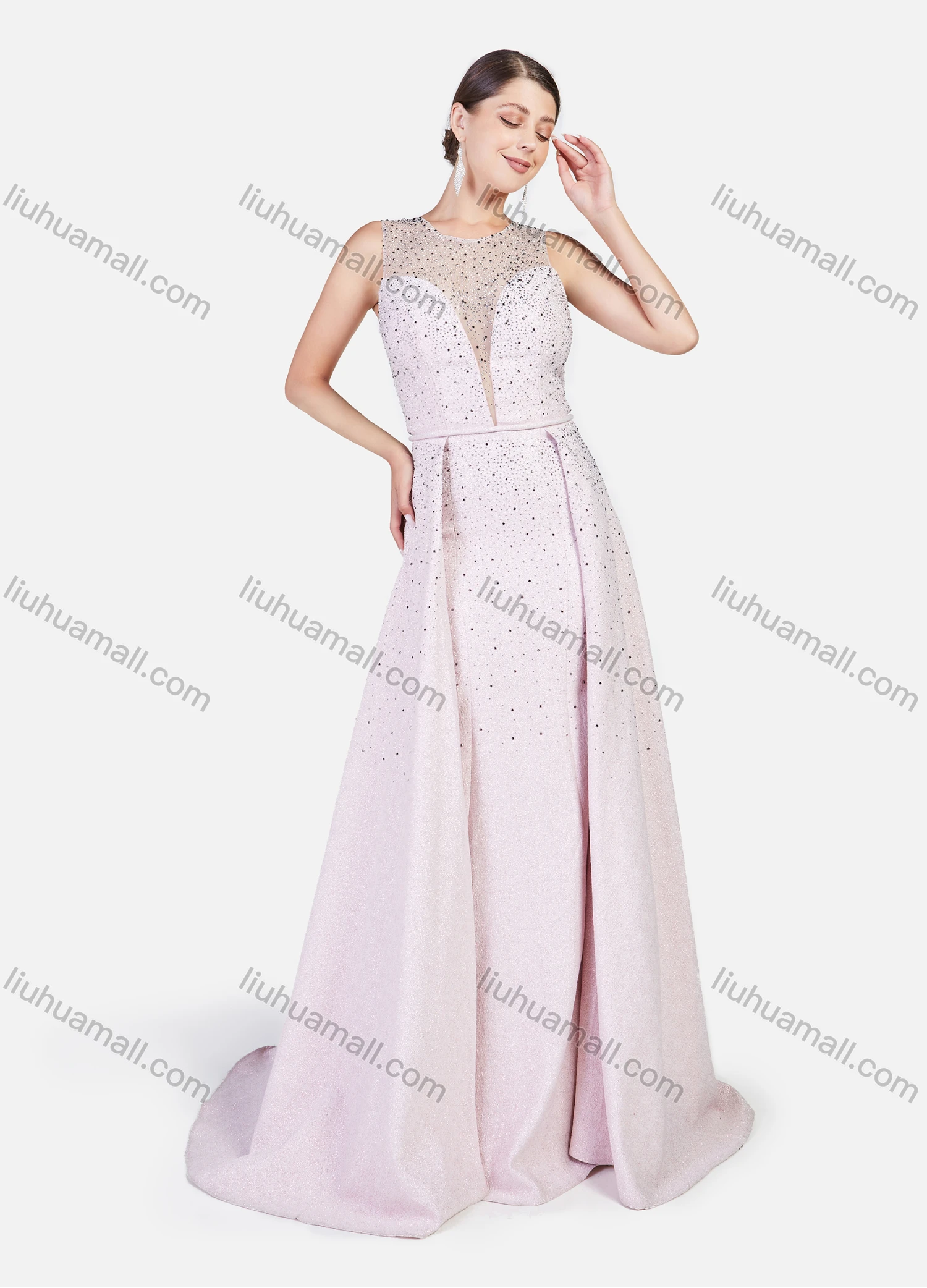 Wholesale Women's Elegant Semi-sheer Deep V Rhinestone Glitter Floor Length Evening Dress - Liuhuamall