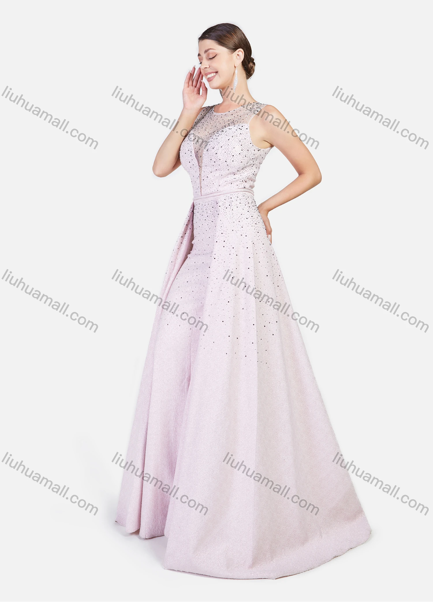 Wholesale Women's Elegant Semi-sheer Deep V Rhinestone Glitter Floor Length Evening Dress - Liuhuamall