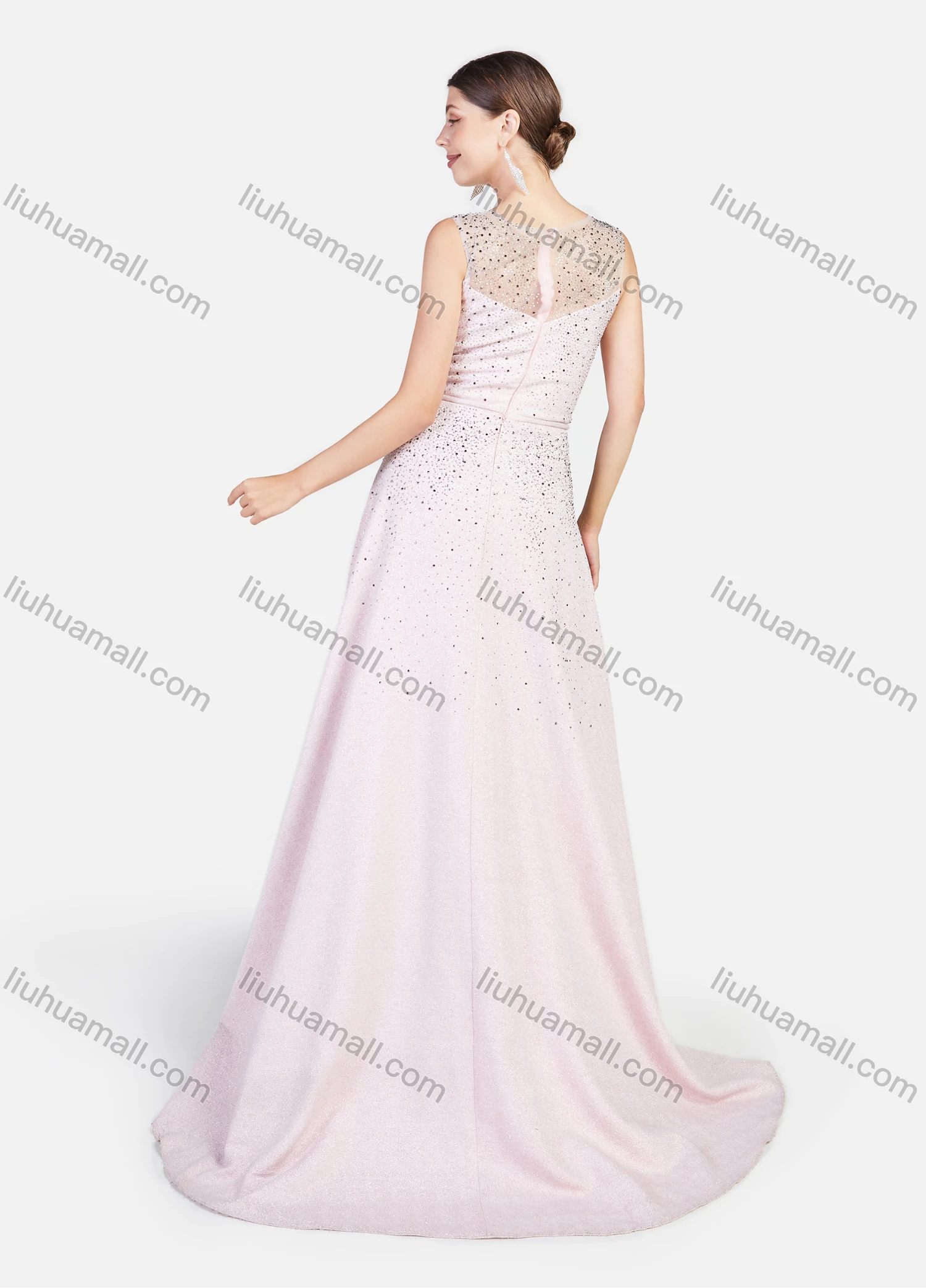 Wholesale Women's Elegant Semi-sheer Deep V Rhinestone Glitter Floor Length Evening Dress - Liuhuamall