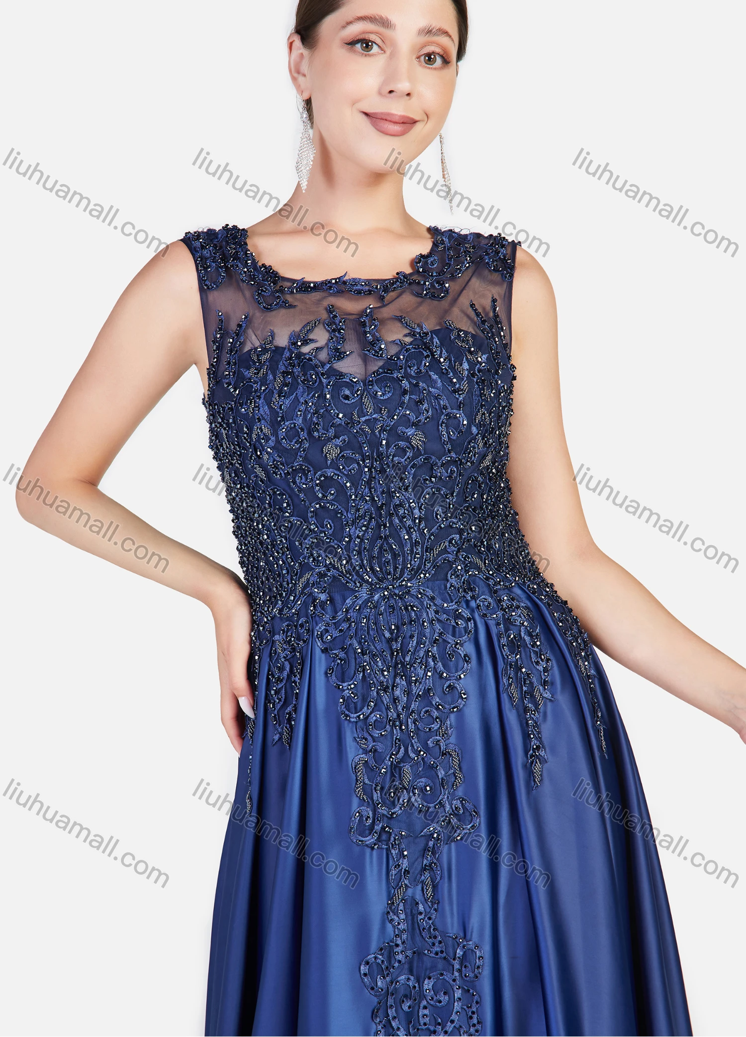 Wholesale Women's Glamorous Embroidery Floral Rhinestone Sleeveless Guipure Lace Floor Length Evening Dress - Liuhuamall